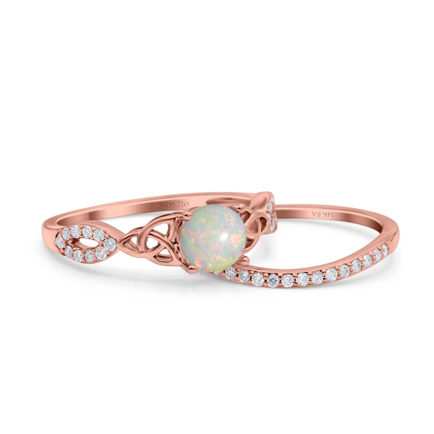 14K Rose Gold 0.21ct Round 6mm G SI Natural White Opal Diamond Engagement Bridal Wedding Ring Size 6.5