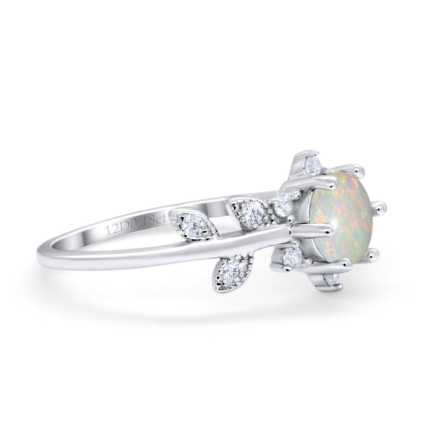 14K White Gold Round Natural White Opal G SI 0.18ct Diamond Engagement Ring Size 6.5