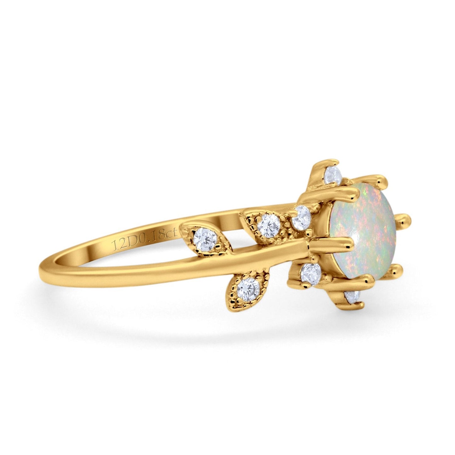 14K Yellow Gold Round Natural White Opal G SI 0.18ct Diamond Engagement Ring Size 6.5