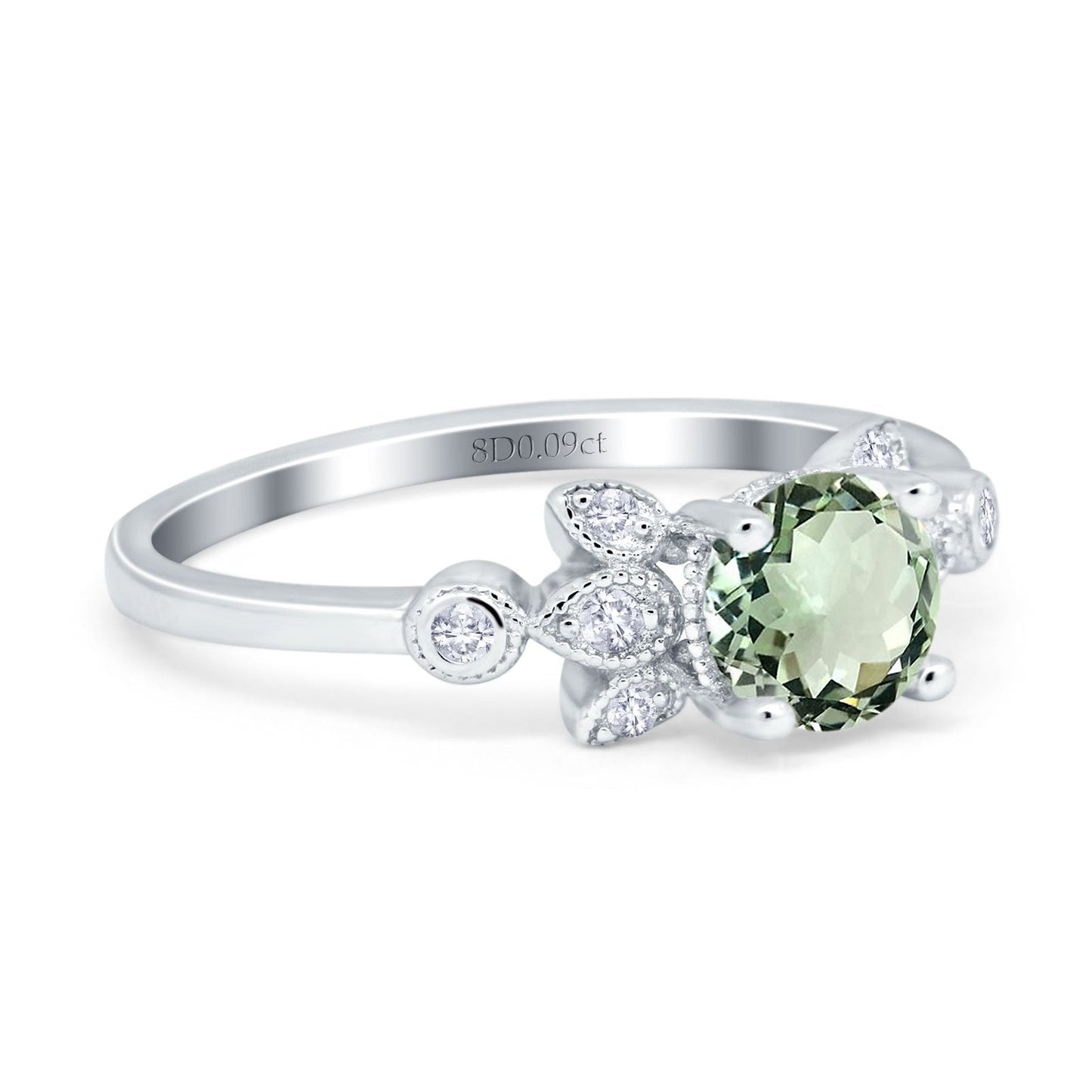 Bague de fiançailles en or blanc 14 carats avec diamant rond de 7 mm et améthyste verte naturelle G SI de 1,37 ct, taille 6,5