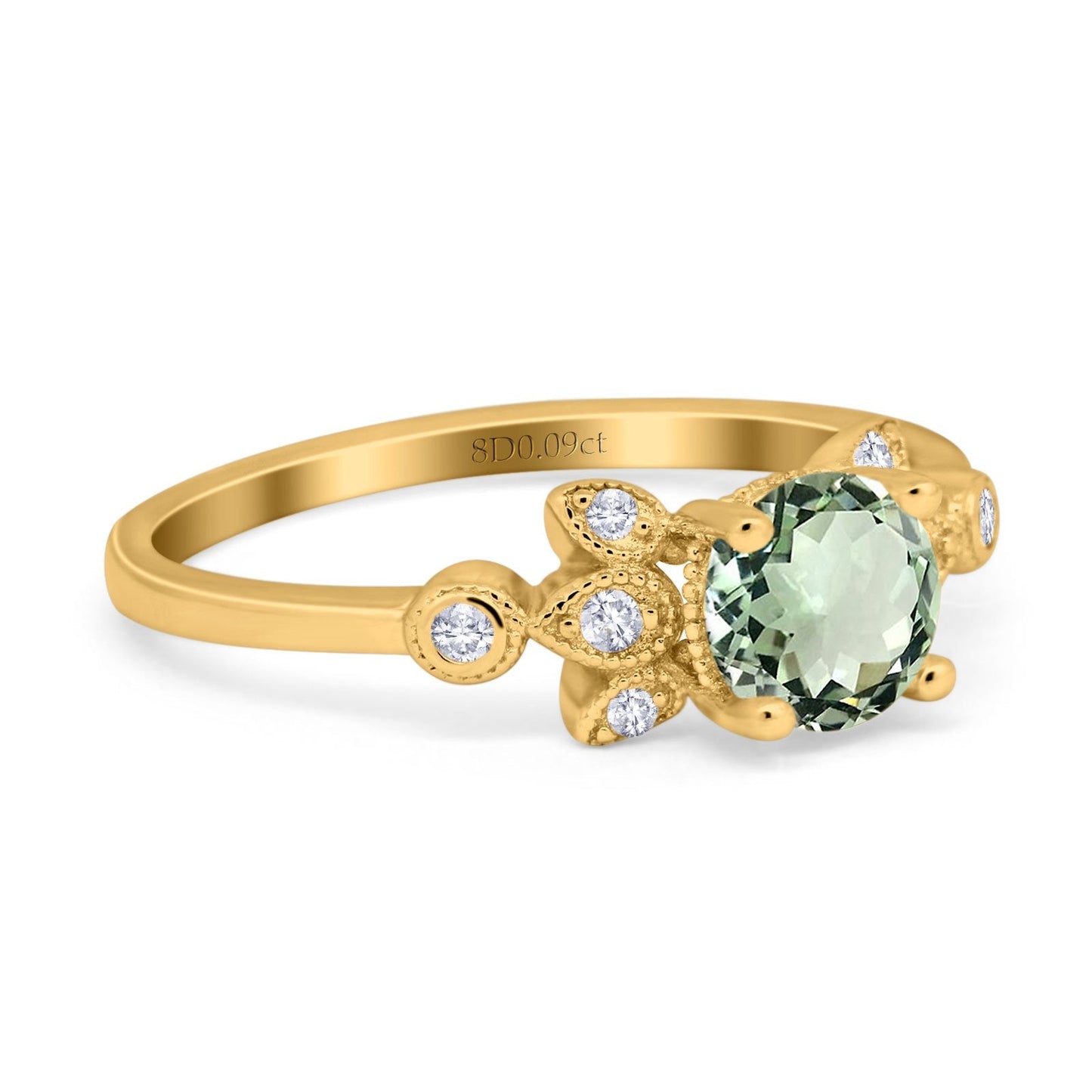 14K Yellow Gold 1.37ct Round 7mm G SI Natural Green Amethyst Diamond Engagement Wedding Ring Size 6.5