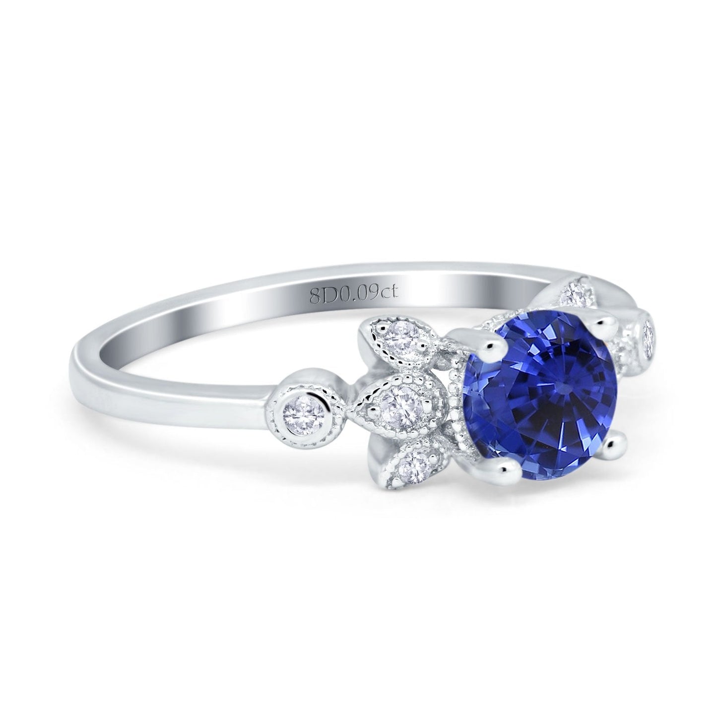 Bague de fiançailles en or blanc 14 carats avec diamant rond de 7 mm G SI Nano bleu saphir 1,37 ct, taille 6,5