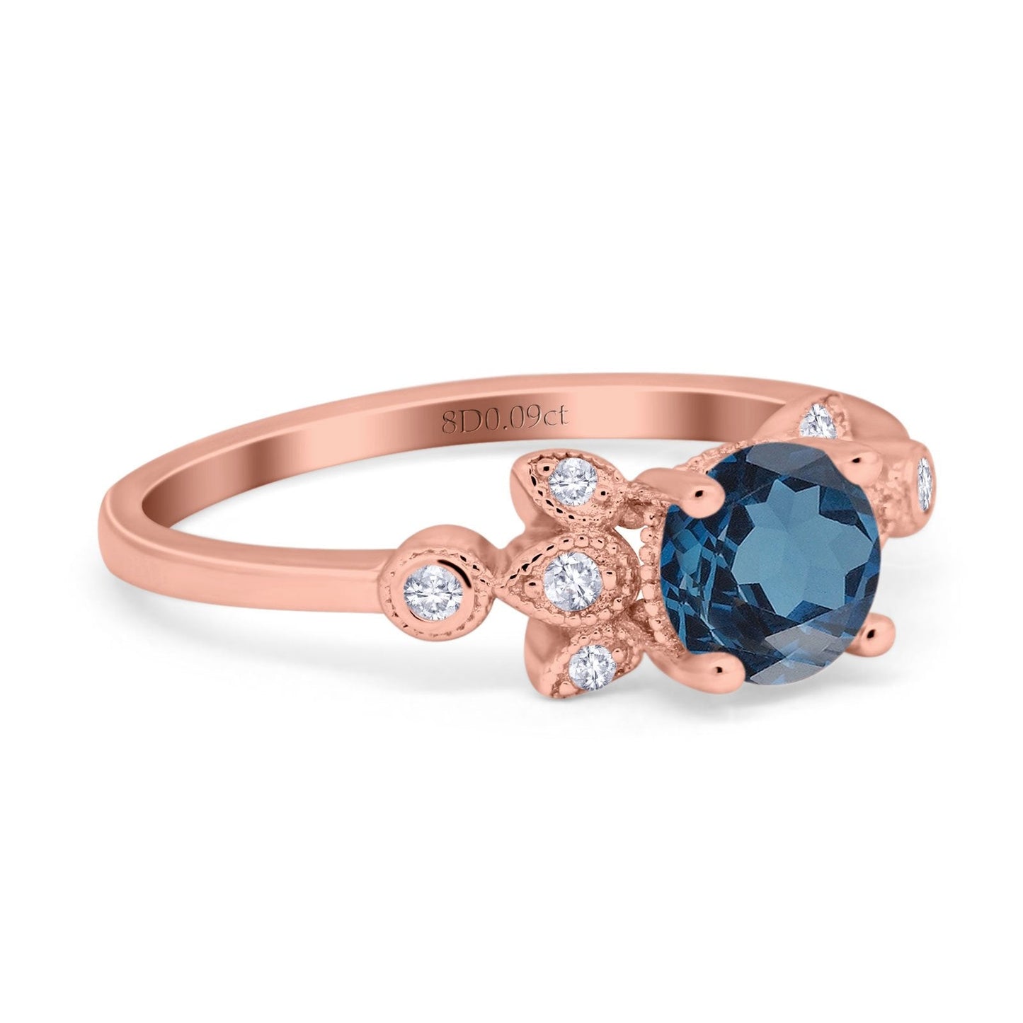 Bague de fiançailles en or rose 14 carats avec topaze bleue de Londres ronde de 7 mm G SI de 1,37 ct et diamant taille 6,5