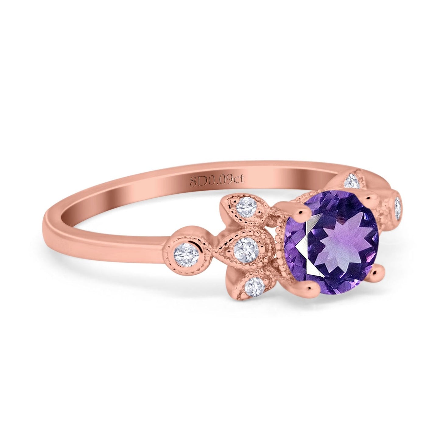 14K Rose Gold 1.37ct Round 7mm G SI Natural Amethyst Diamond Engagement Wedding Ring Size 6.5