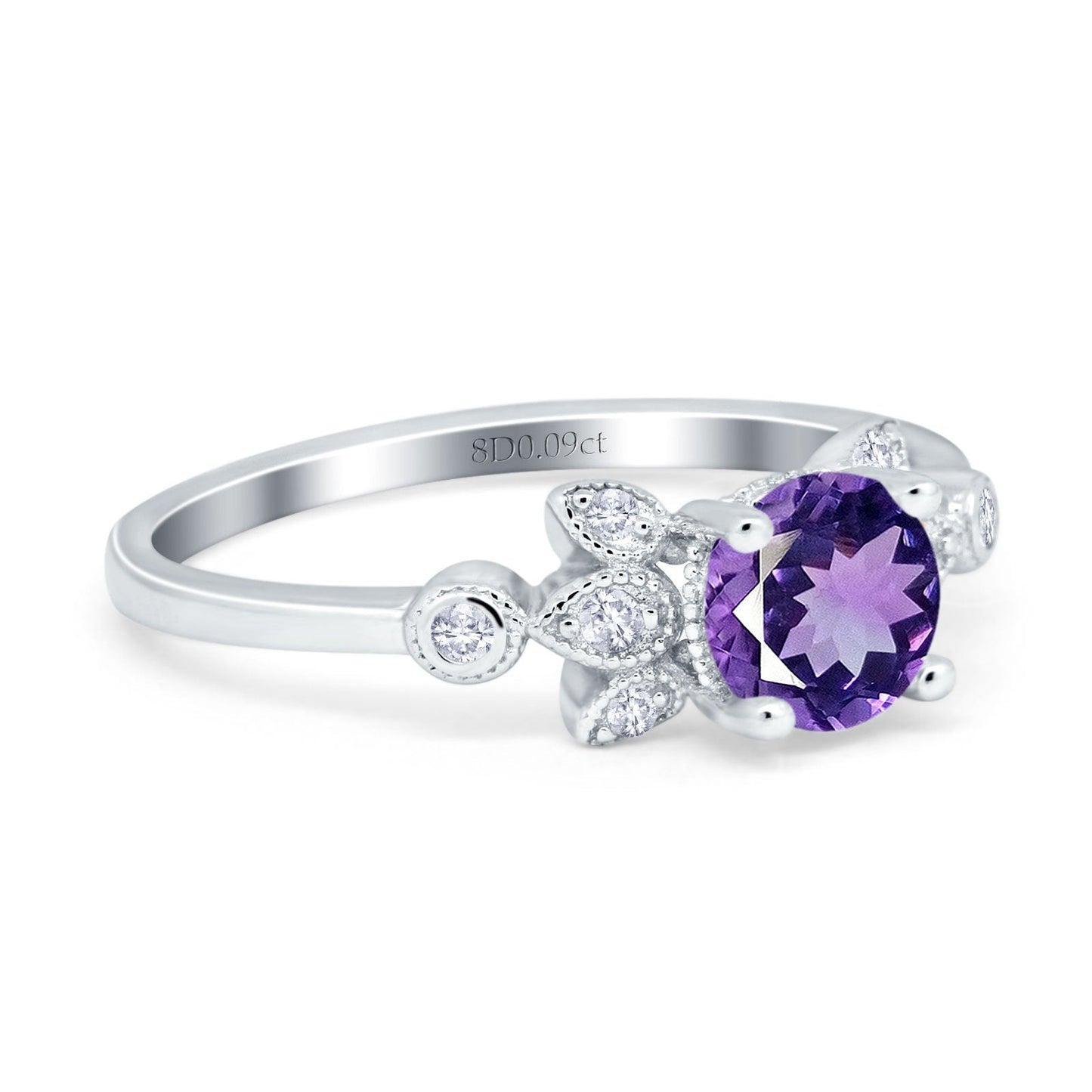 14K White Gold 1.37ct Round 7mm G SI Natural Amethyst Diamond Engagement Wedding Ring Size 6.5