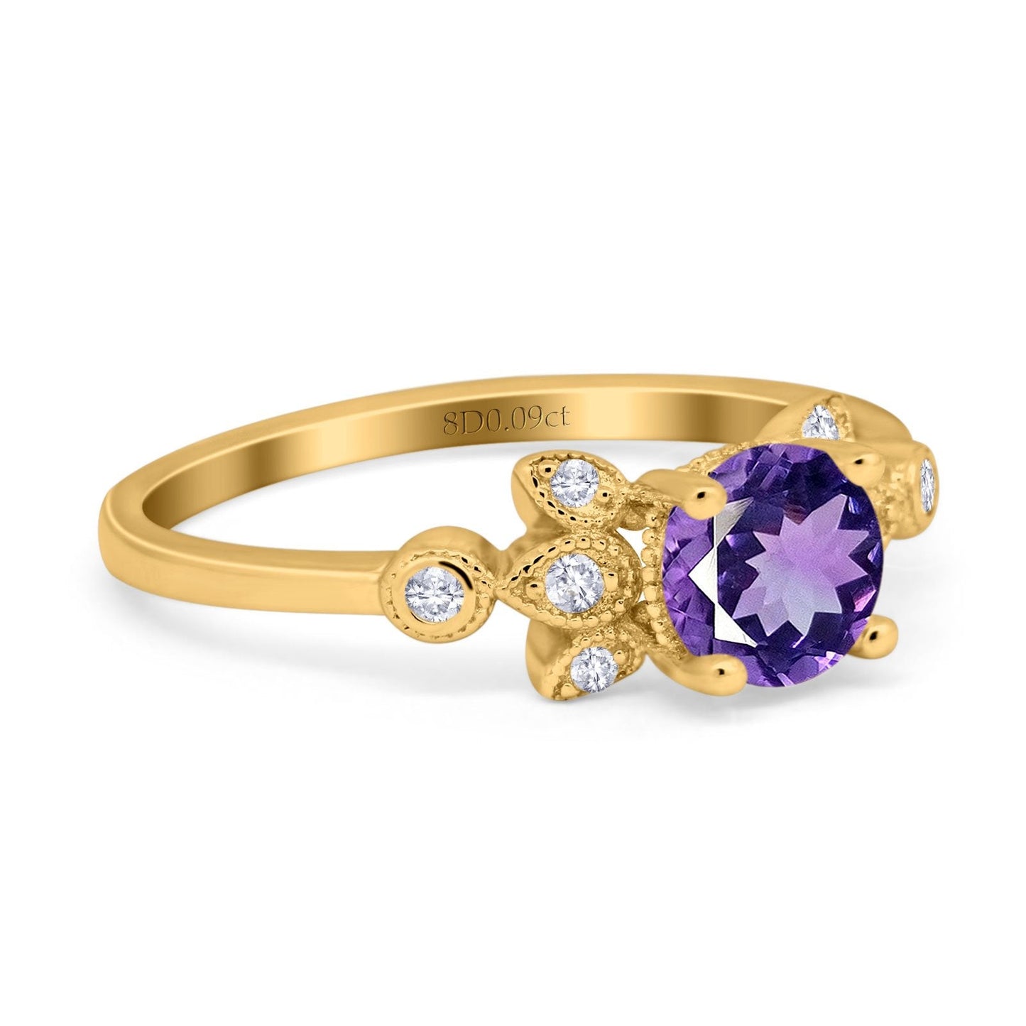 14K Yellow Gold 1.37ct Round 7mm G SI Natural Amethyst Diamond Engagement Wedding Ring Size 6.5