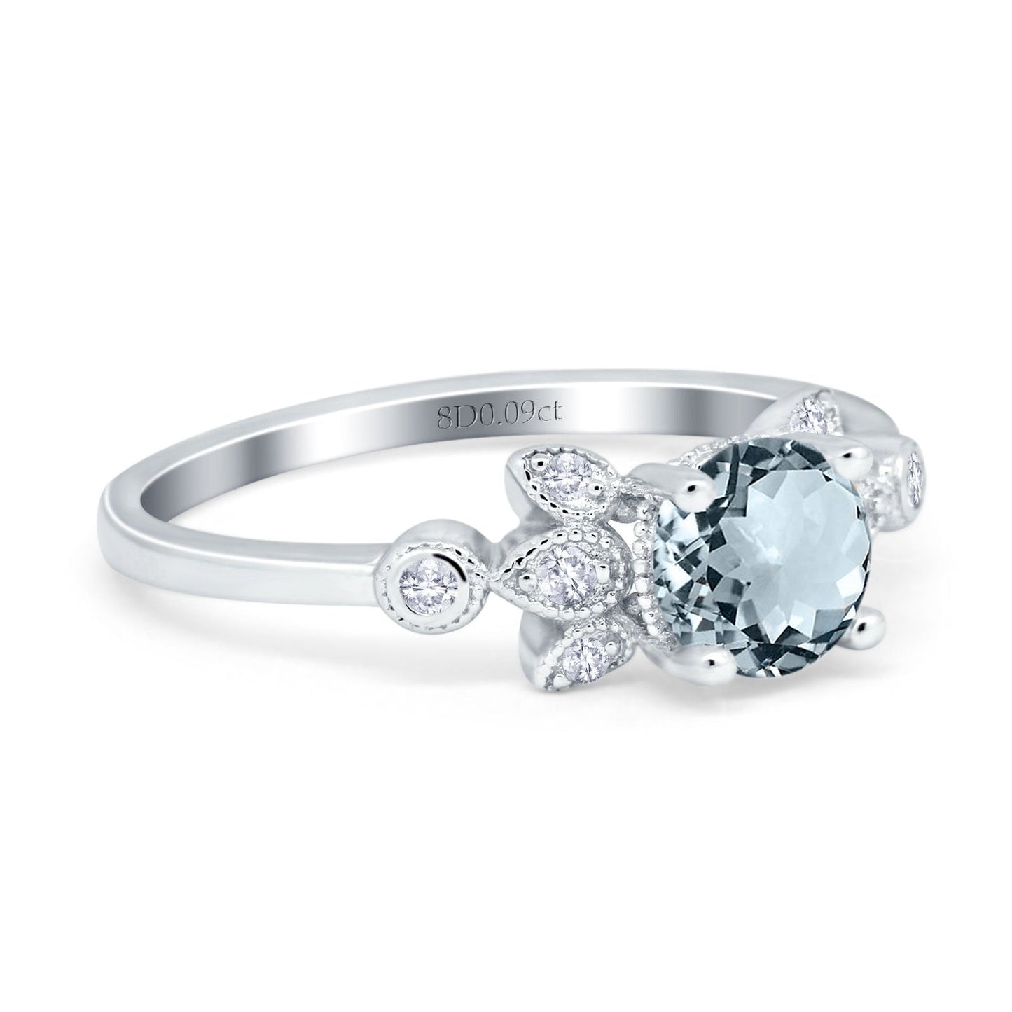 14K White Gold 1.37ct Round 7mm G SI Natural Aquamarine Diamond Engagement Wedding Ring Size 6.5