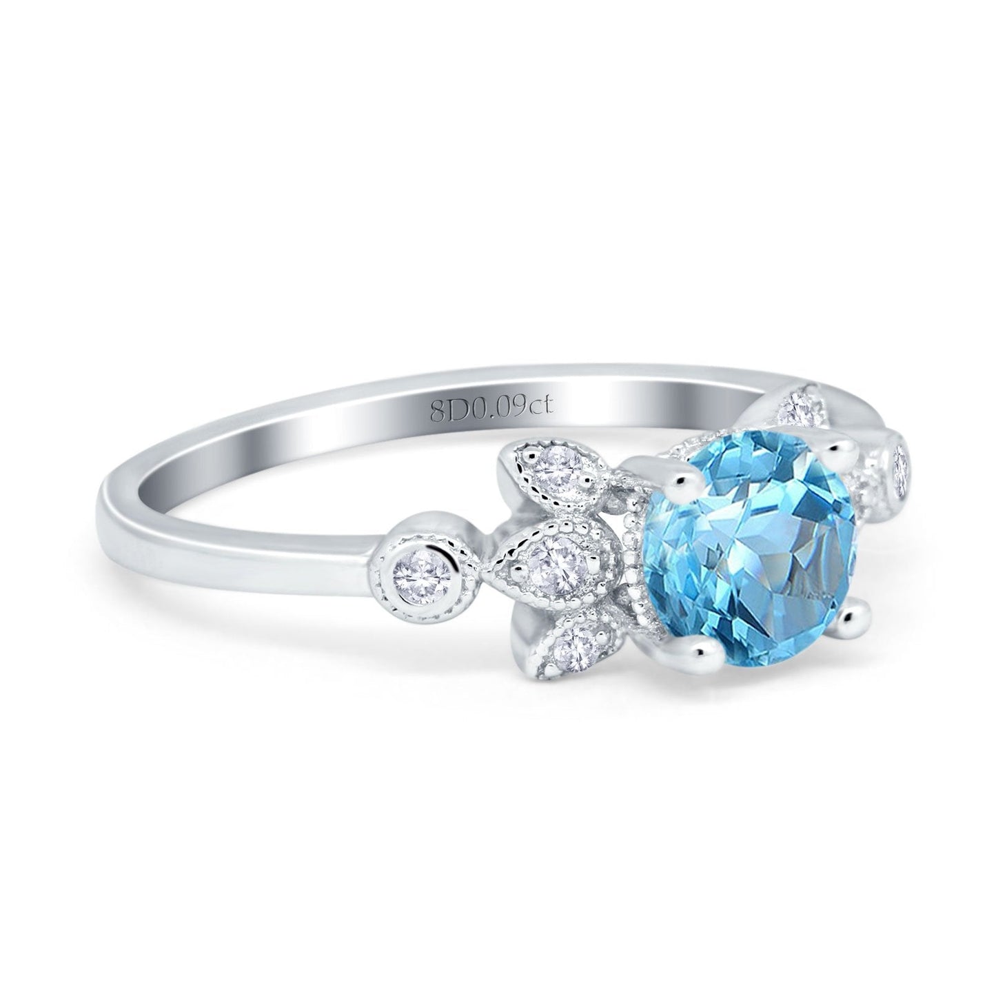 Bague de fiançailles en or blanc 14 carats avec topaze bleue naturelle ronde de 7 mm G SI de 1,37 ct et diamant taille 6,5