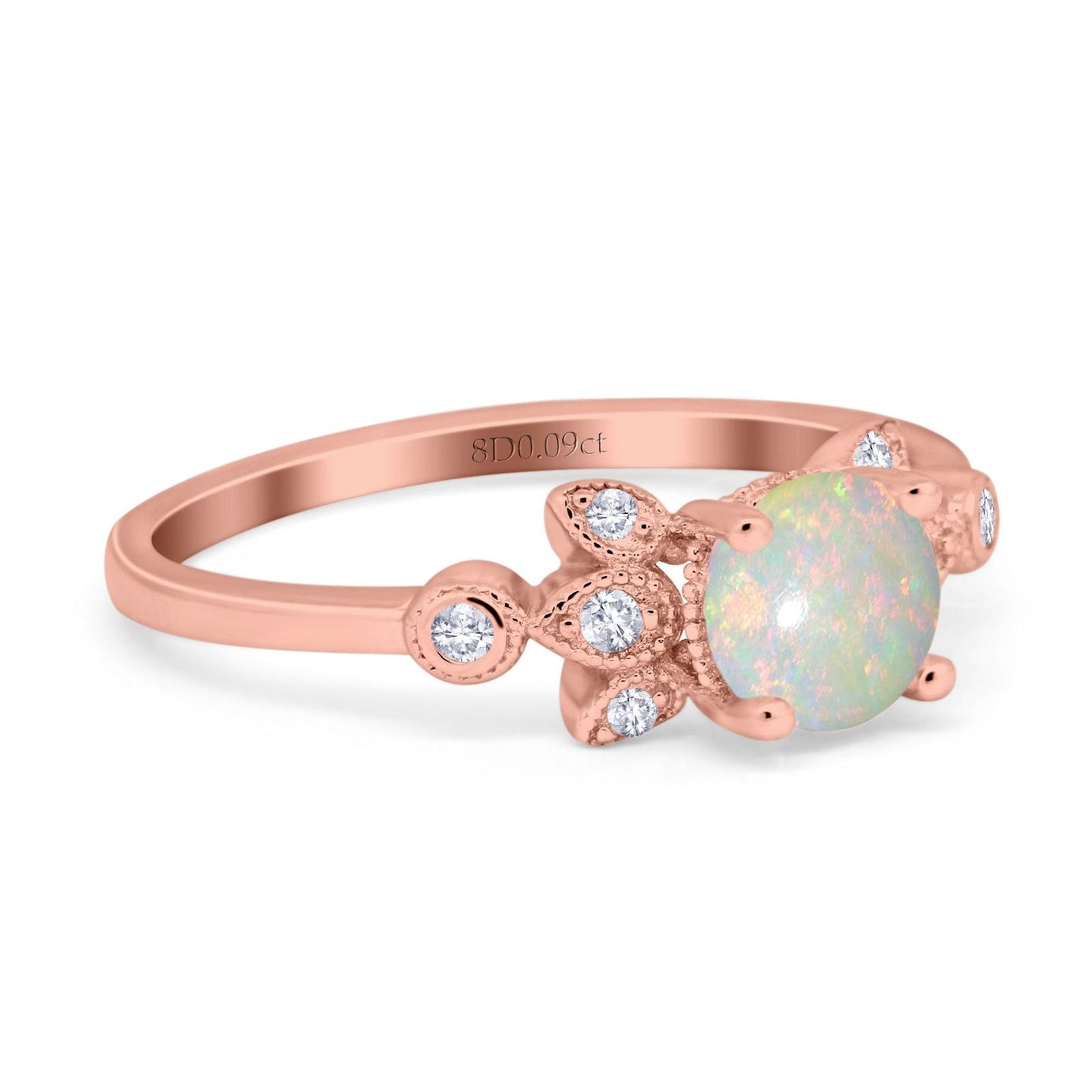 14K Rose Gold 0.09ct Round 7mm G SI Natural White Opal Diamond Engagement Wedding Ring Size 6.5