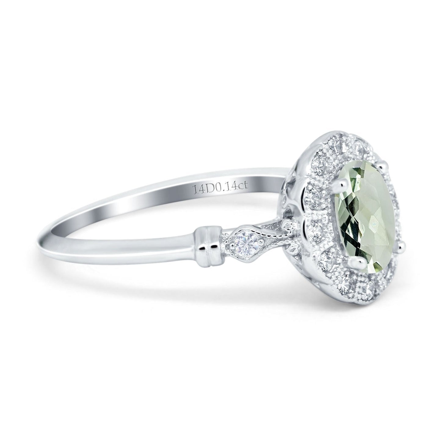 Bague de fiançailles en or blanc 14 carats 0,9 ct ovale 7 mm x 5 mm G SI avec améthyste verte naturelle et diamant, taille 6,5