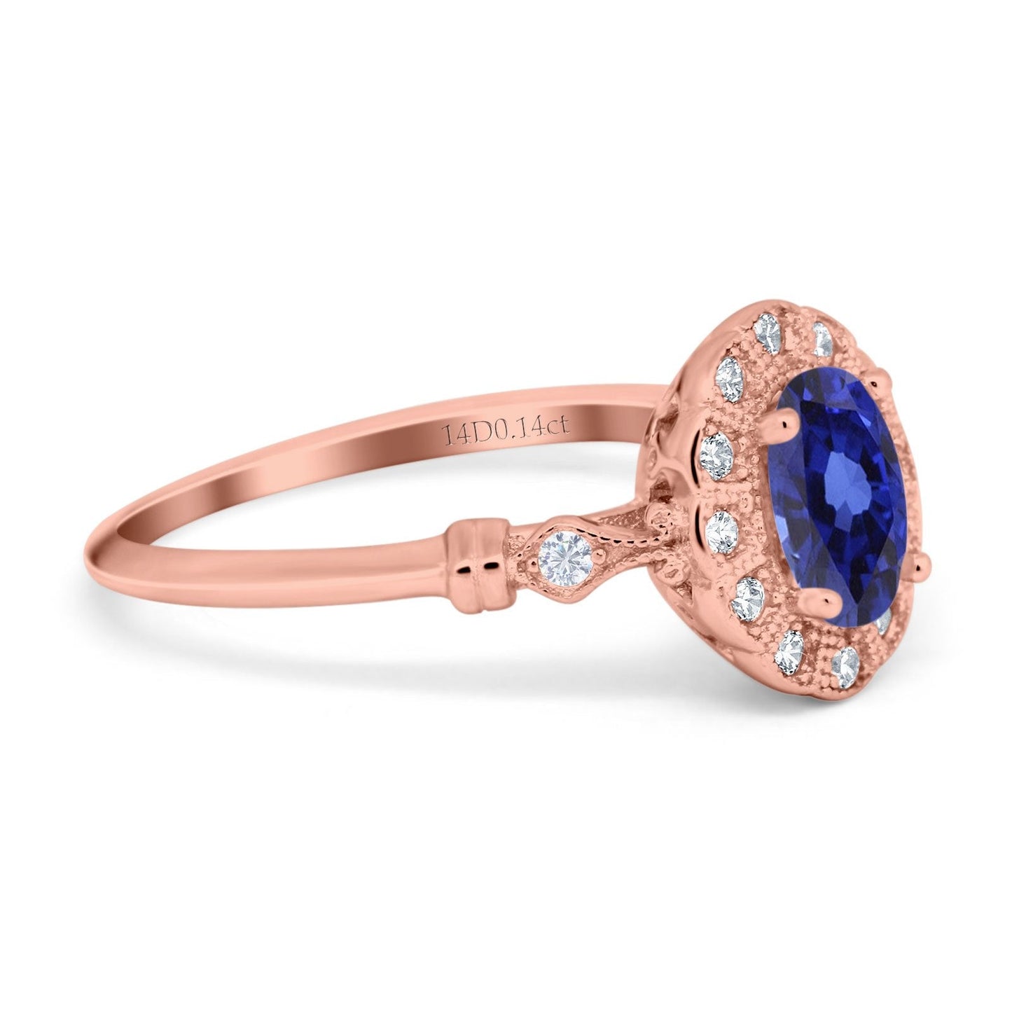 14K Rose Gold 0.9ct Oval 7mmx5mm G SI Nano Blue Sapphire Diamond Engagement Wedding Ring Size 6.5