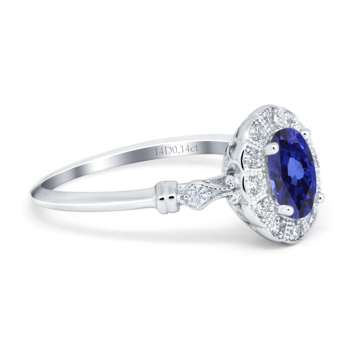 Bague de fiançailles en or blanc 14 carats avec diamant ovale de 0,9 ct 7 mm x 5 mm G SI Nano Blue Saphir Taille 6,5