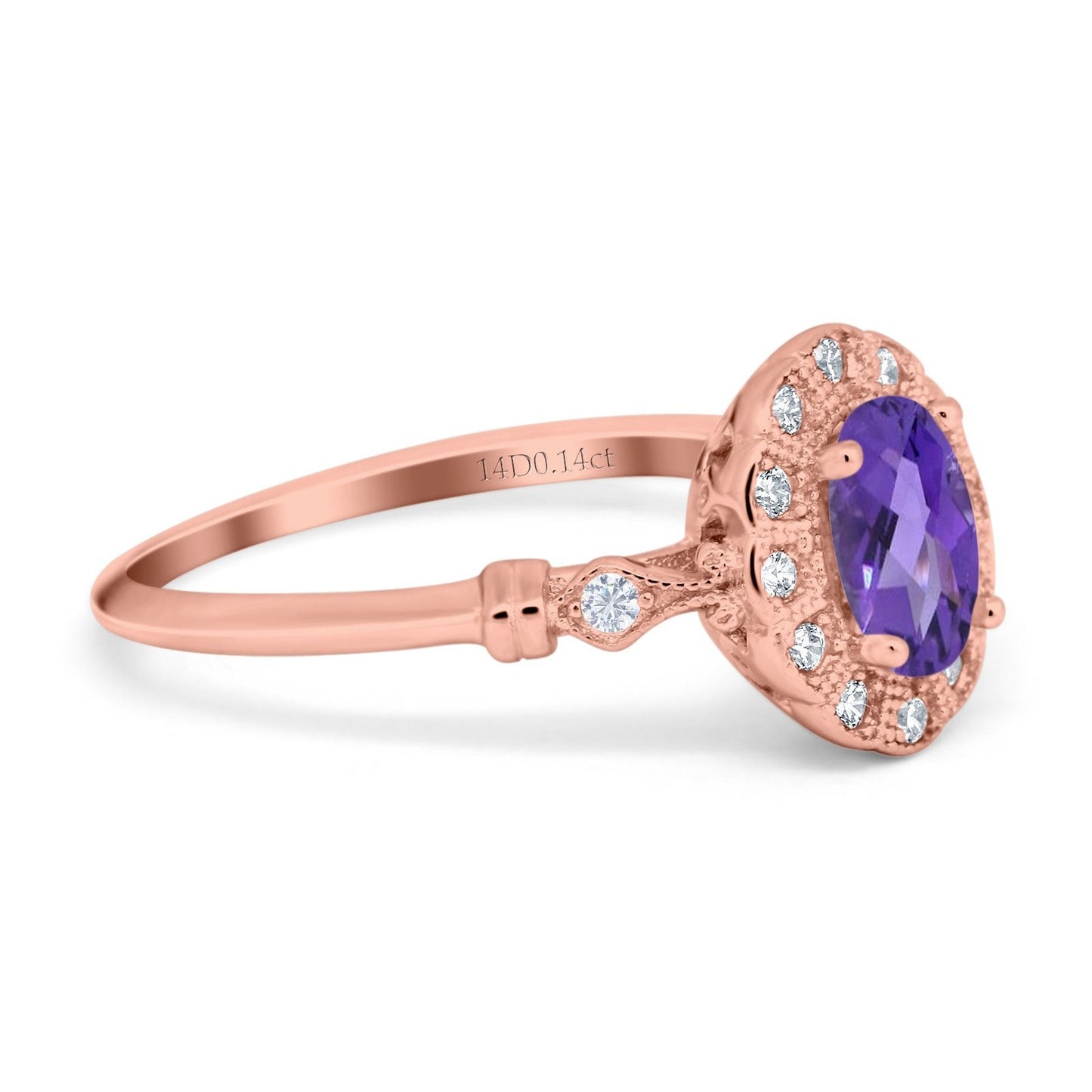 14K Rose Gold 0.9ct Oval 7mmx5mm G SI Natural Amethyst Diamond Engagement Wedding Ring Size 6.5