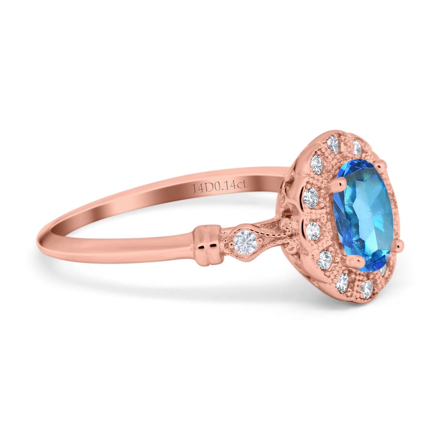 14K Rose Gold 0.9ct Oval 7mmx5mm G SI Natural Blue Topaz Diamond Engagement Wedding Ring Size 6.5