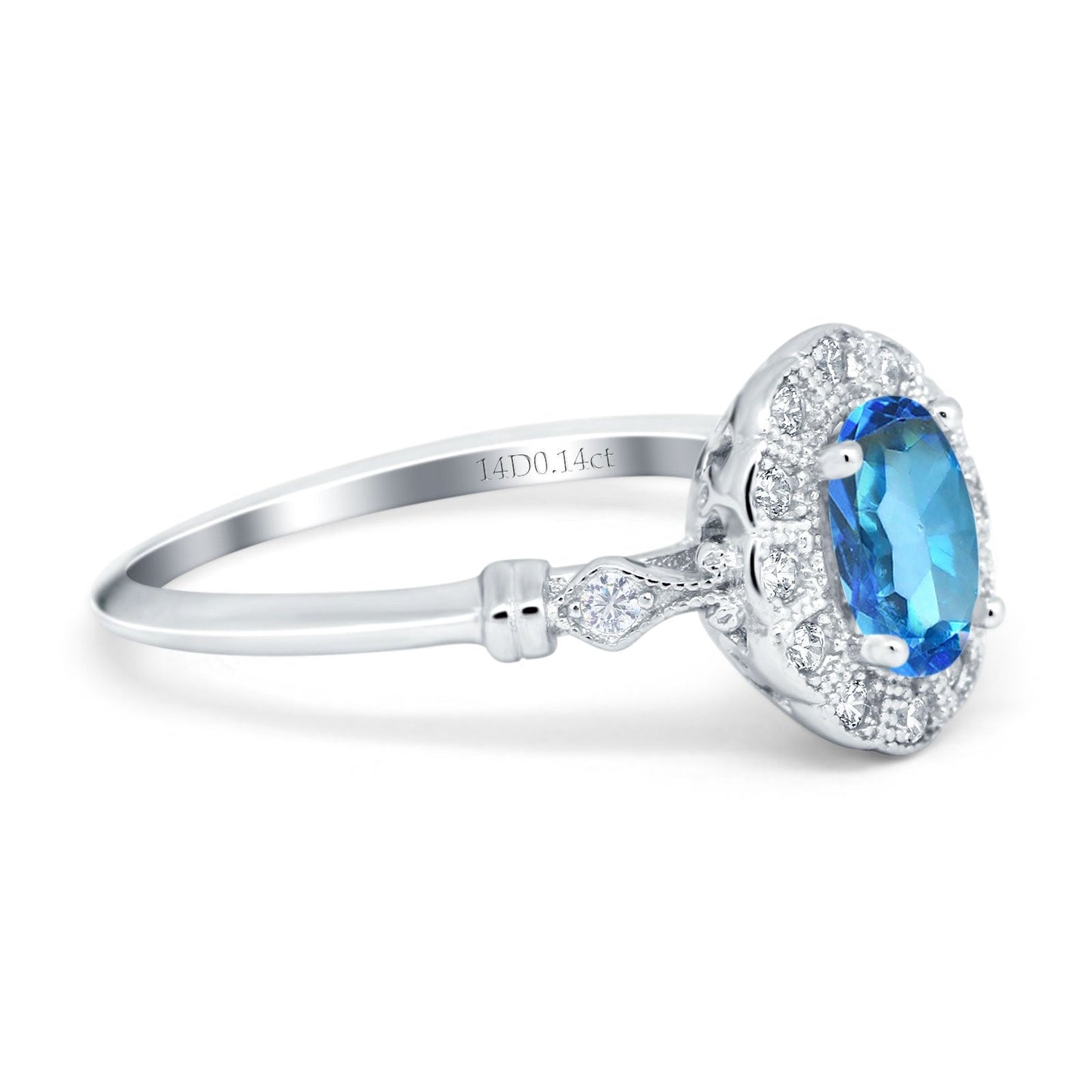 Bague de fiançailles en or blanc 14 carats avec topaze bleue naturelle ovale de 0,9 ct, 7 mm x 5 mm, taille G SI, taille 6,5