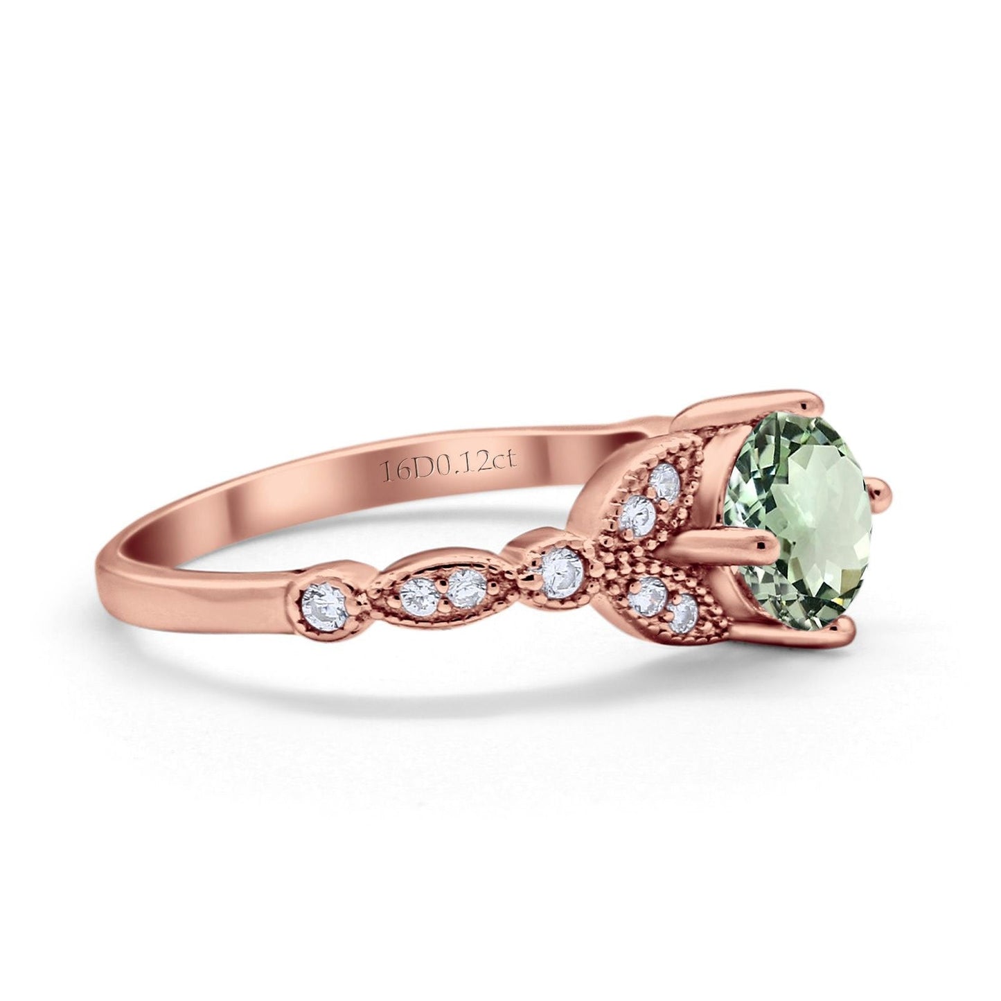 14K Rose Gold 0.96ct Round Art Deco 6mm G SI Natural Green Amethyst Diamond Engagement Wedding Ring Size 6.5