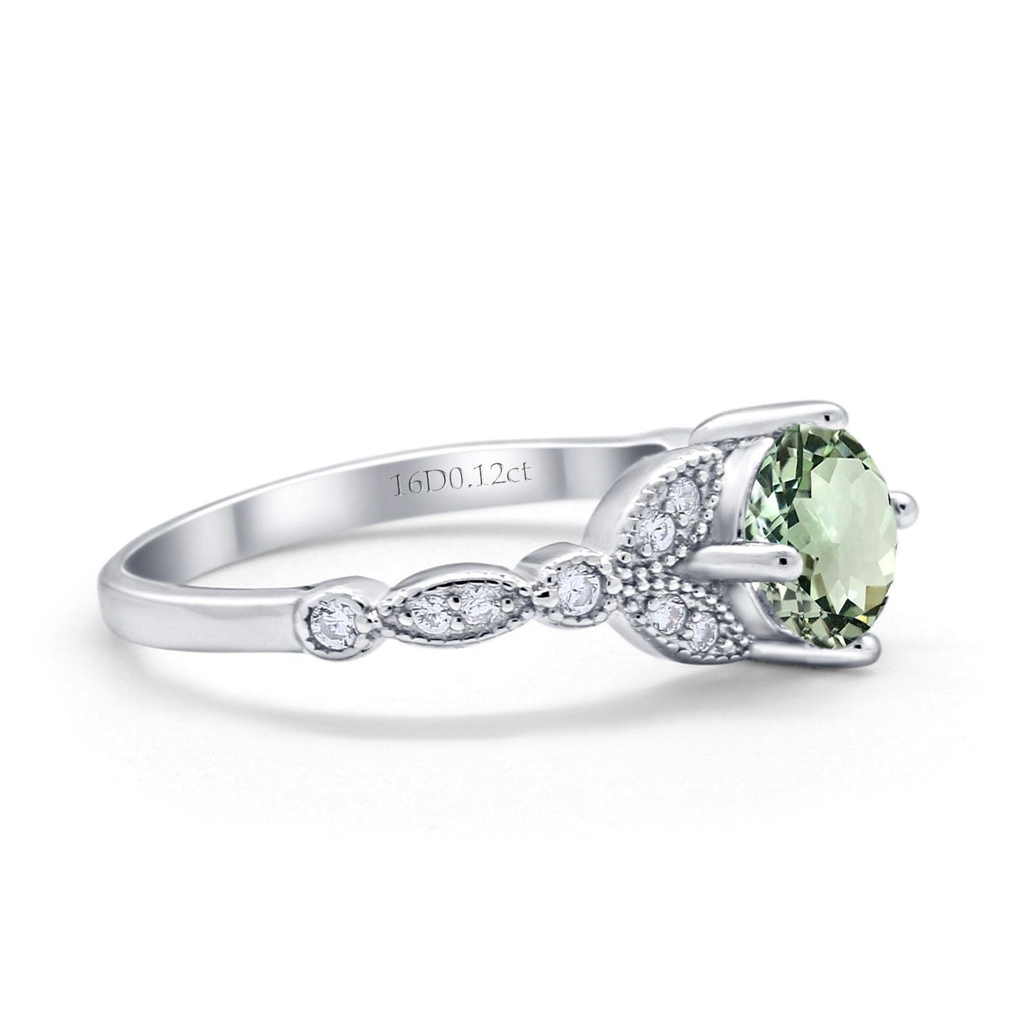 Bague de fiançailles en or blanc 14 carats 0,96 ct Art déco ronde 6 mm G SI avec améthyste verte naturelle et diamant taille 6,5