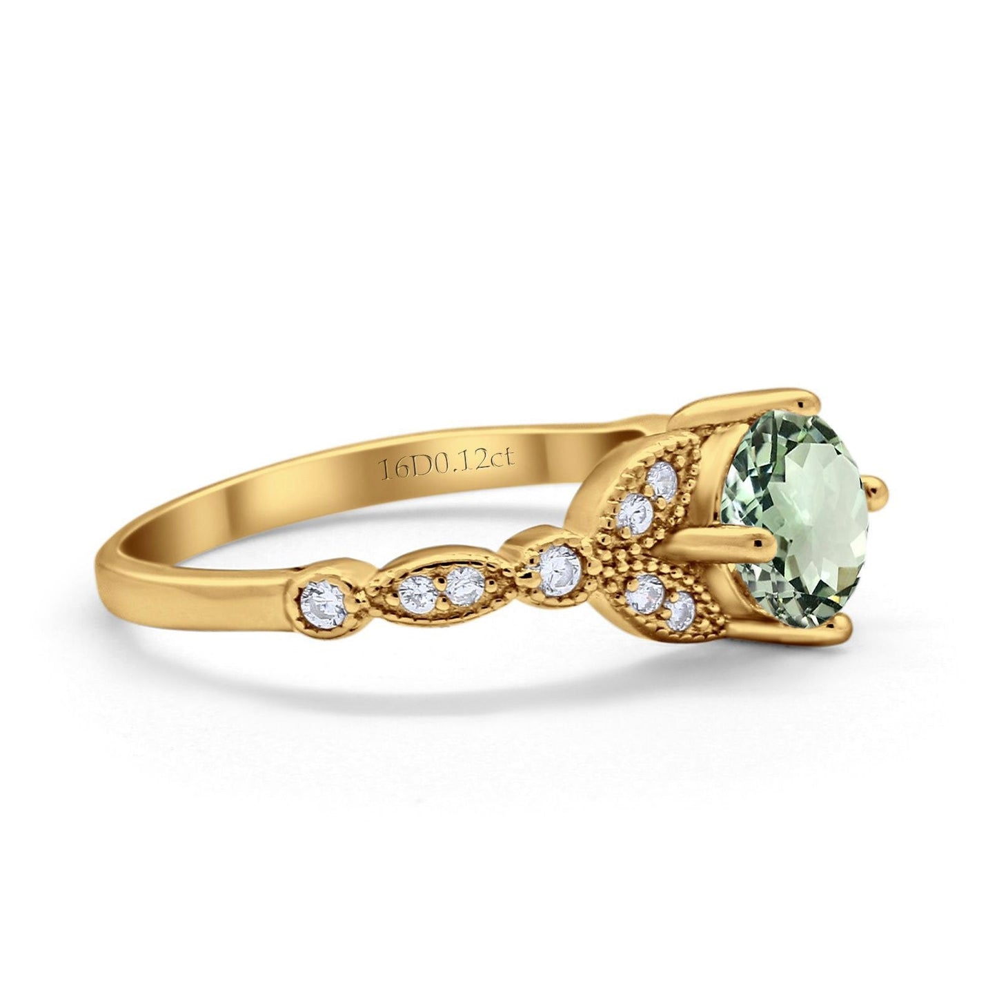 14K Yellow Gold 0.96ct Round Art Deco 6mm G SI Natural Green Amethyst Diamond Engagement Wedding Ring Size 6.5