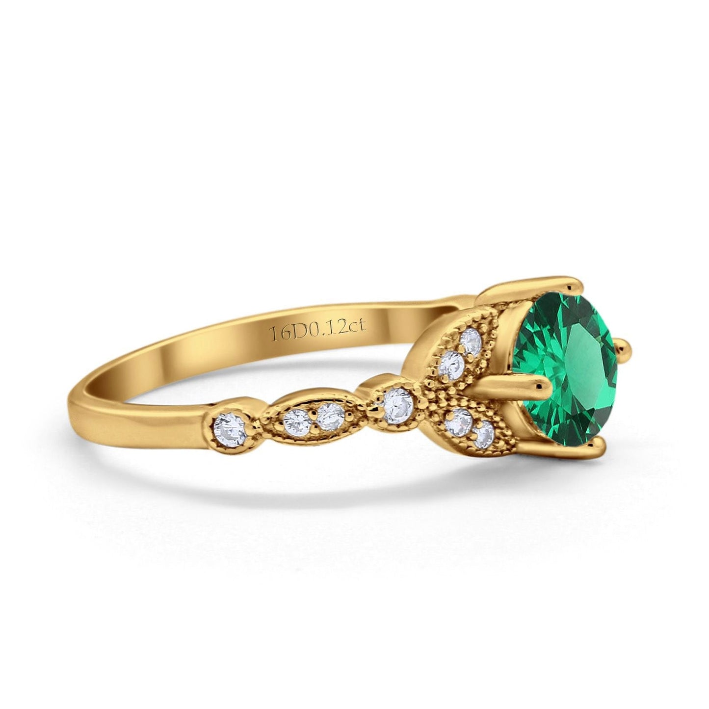 14K Yellow Gold 0.96ct Round Art Deco 6mm G SI Nano Emerald Diamond Engagement Wedding Ring Size 6.5