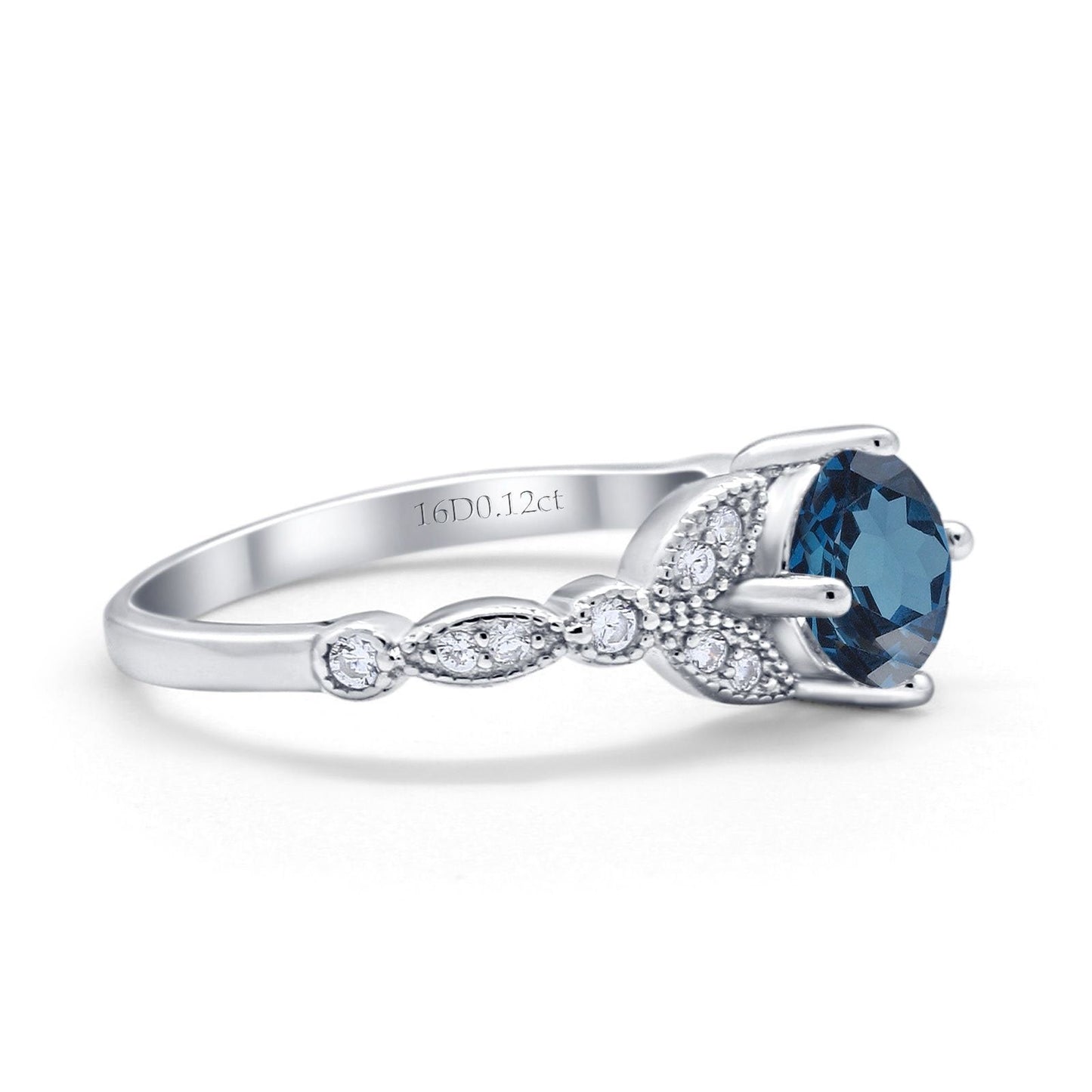 14K White Gold 0.96ct Round Art Deco 6mm G SI London Blue Topaz Diamond Engagement Wedding Ring Size 6.5