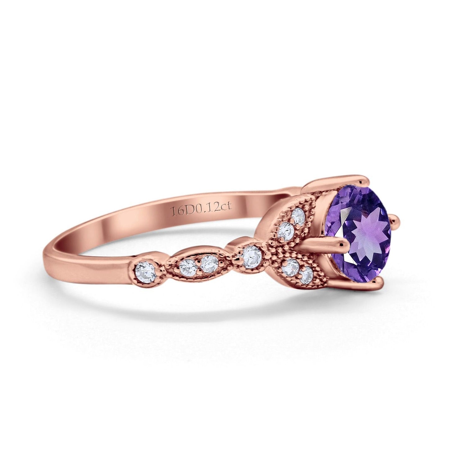 14K Rose Gold 0.96ct Round Art Deco 6mm G SI Natural Amethyst Diamond Engagement Wedding Ring Size 6.5