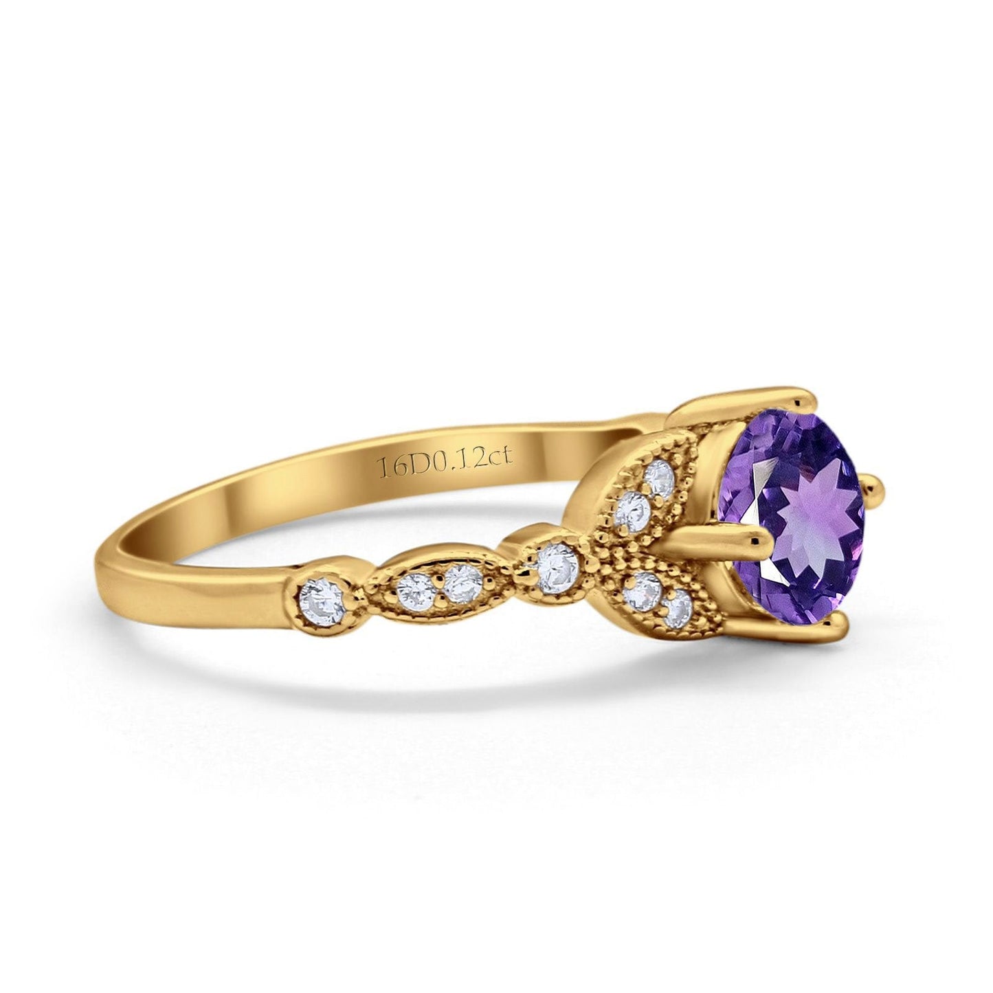 14K Yellow Gold 0.96ct Round Art Deco 6mm G SI Natural Amethyst Diamond Engagement Wedding Ring Size 6.5