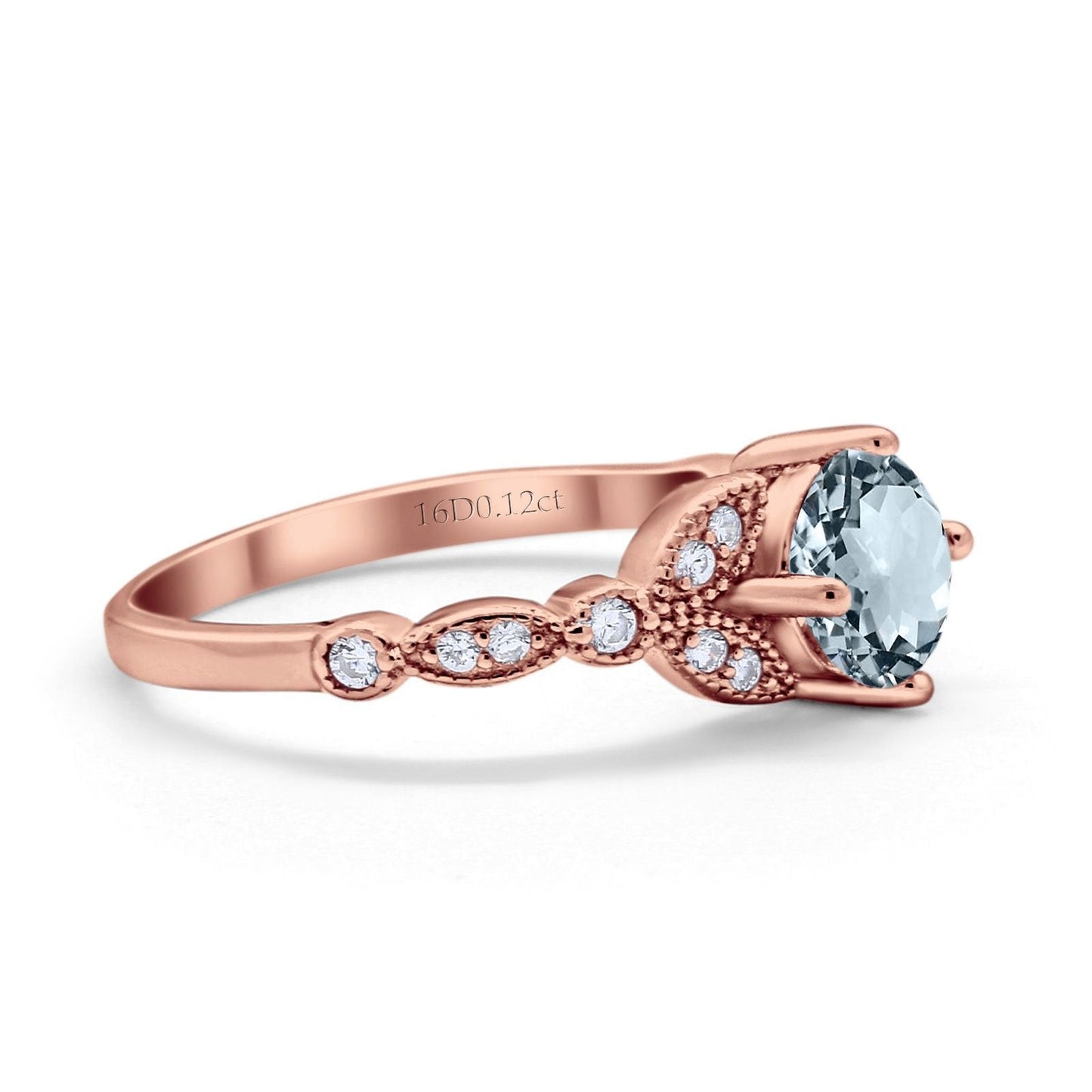 14K Rose Gold 0.96ct Round Art Deco 6mm G SI Natural Aquamarine Diamond Engagement Wedding Ring Size 6.5