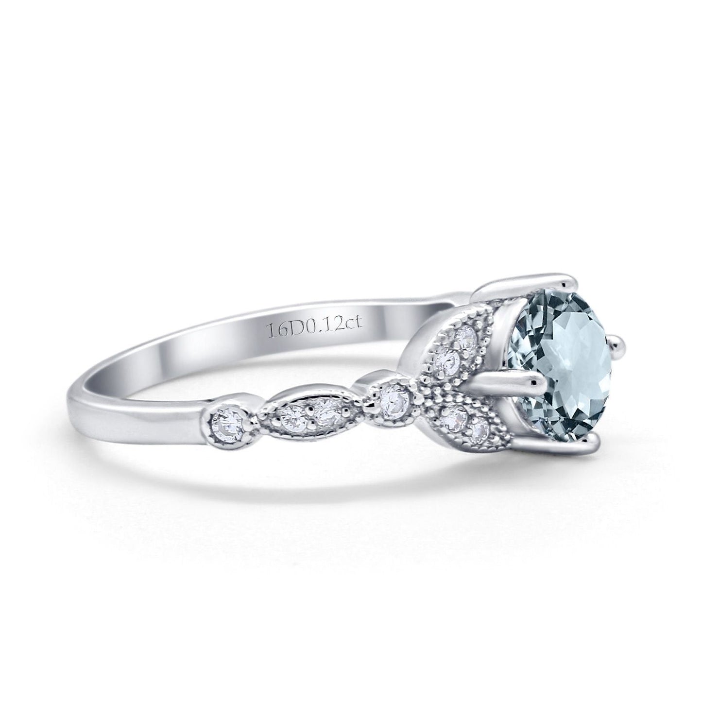 14K White Gold 0.96ct Round Art Deco 6mm G SI Natural Aquamarine Diamond Engagement Wedding Ring Size 6.5