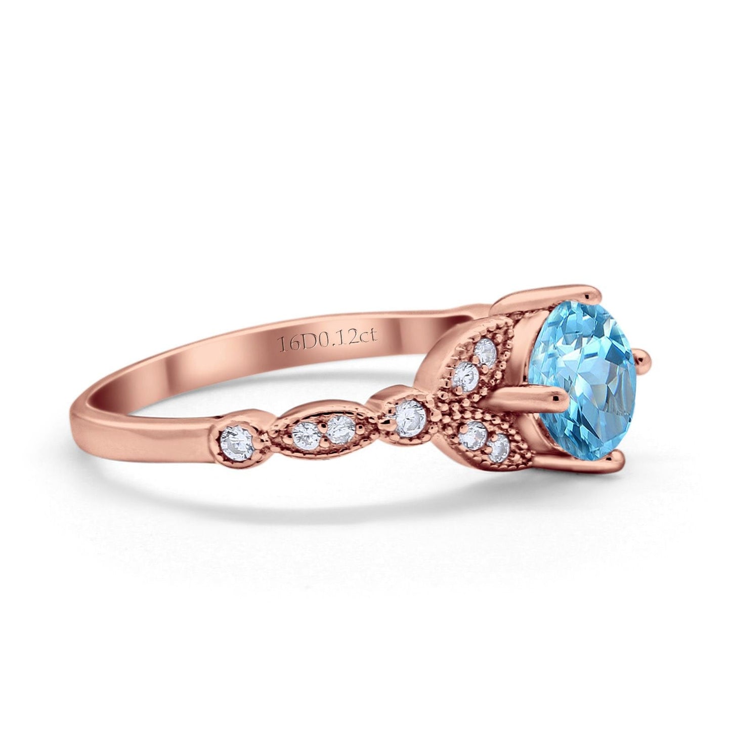 14K Rose Gold 0.96ct Round Art Deco 6mm G SI Natural Blue Topaz Diamond Engagement Wedding Ring Size 6.5