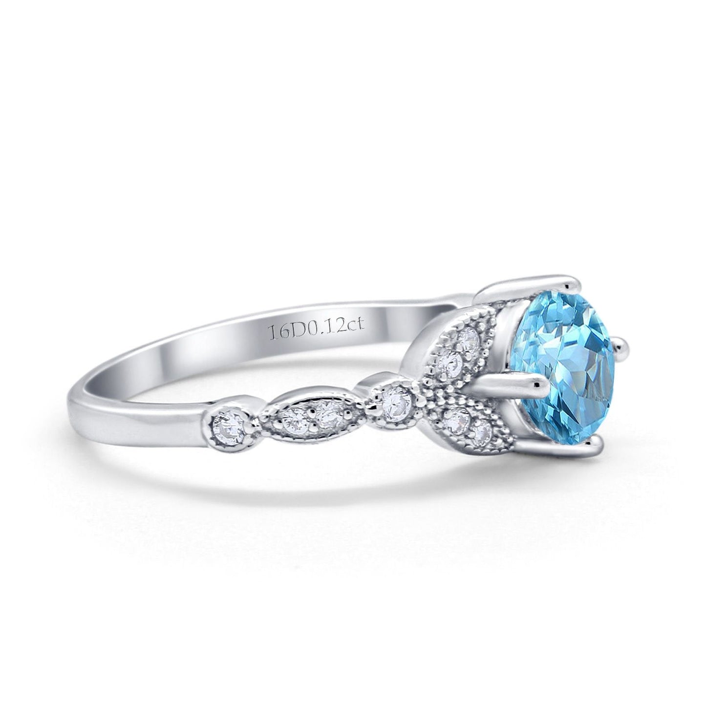 Bague de fiançailles en or blanc 14 carats 0,96 ct Art déco ronde 6 mm G SI avec topaze bleue naturelle et diamant taille 6,5