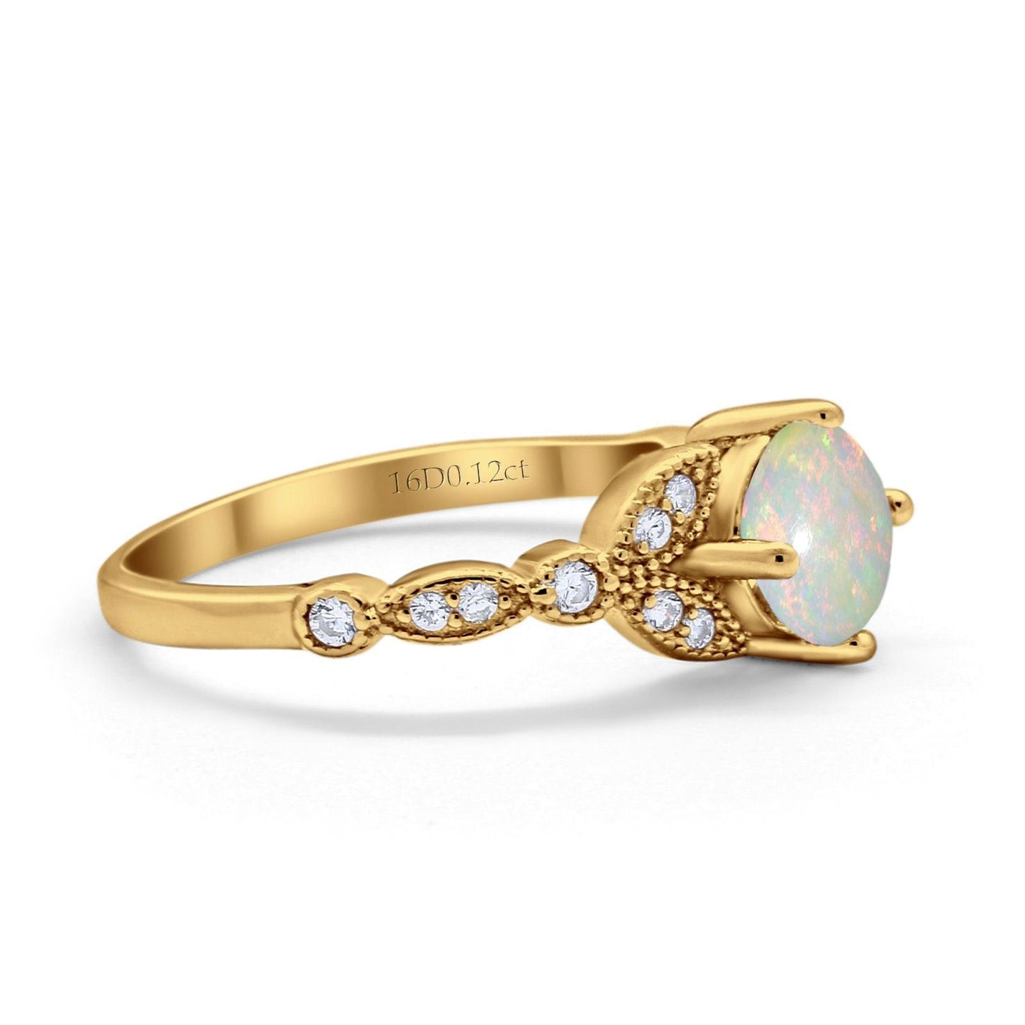 14K Yellow Gold 0.12ct Round Art Deco 6mm G SI Natural White Opal Diamond Engagement Wedding Ring Size 6.5