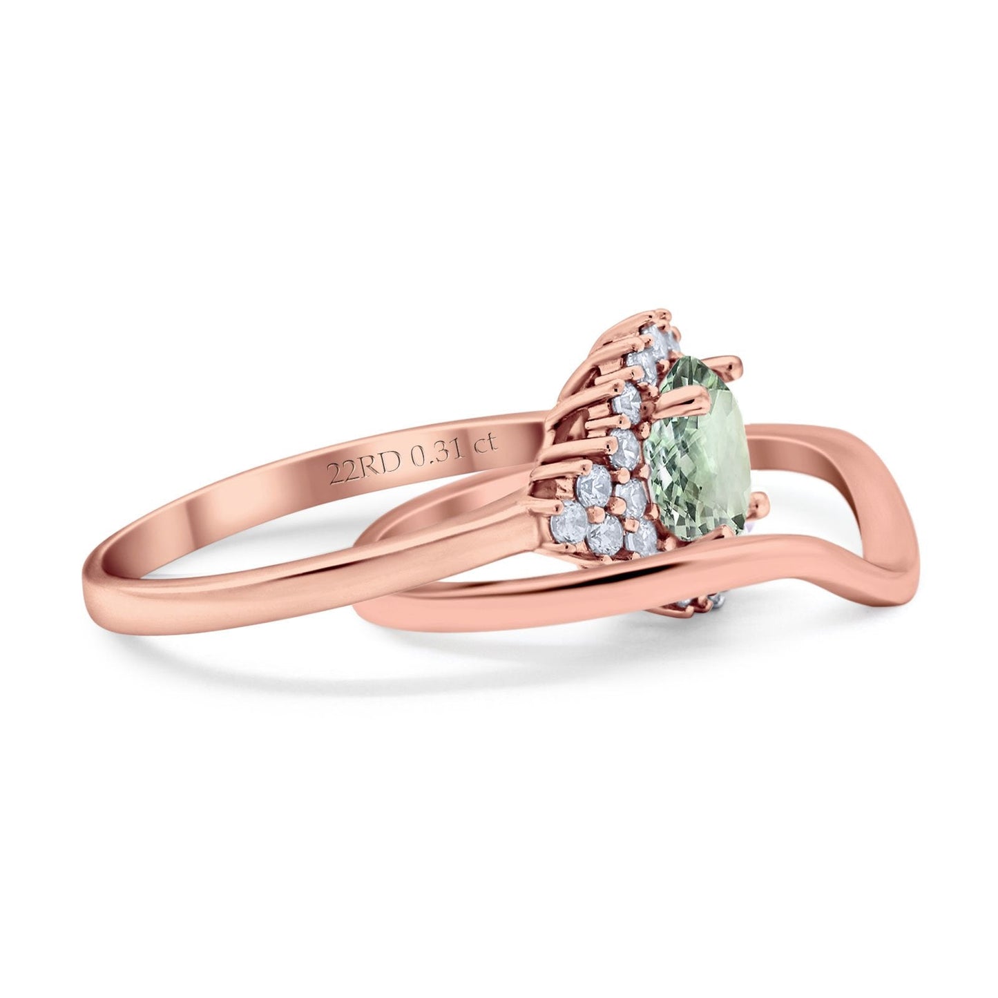 14K Rose Gold 1.59ct Round Two Piece Halo 7mm G SI Natural Green Amethyst Diamond Engagement Wedding Ring Size 6.5