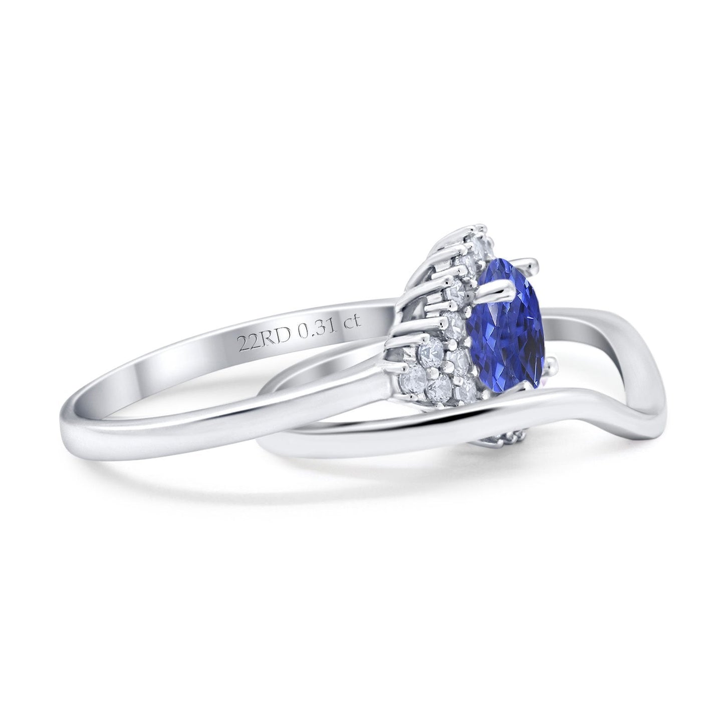 14K White Gold 1.59ct Round Two Piece Halo 7mm G SI Nano Blue Sapphire Diamond Engagement Wedding Ring Size 6.5