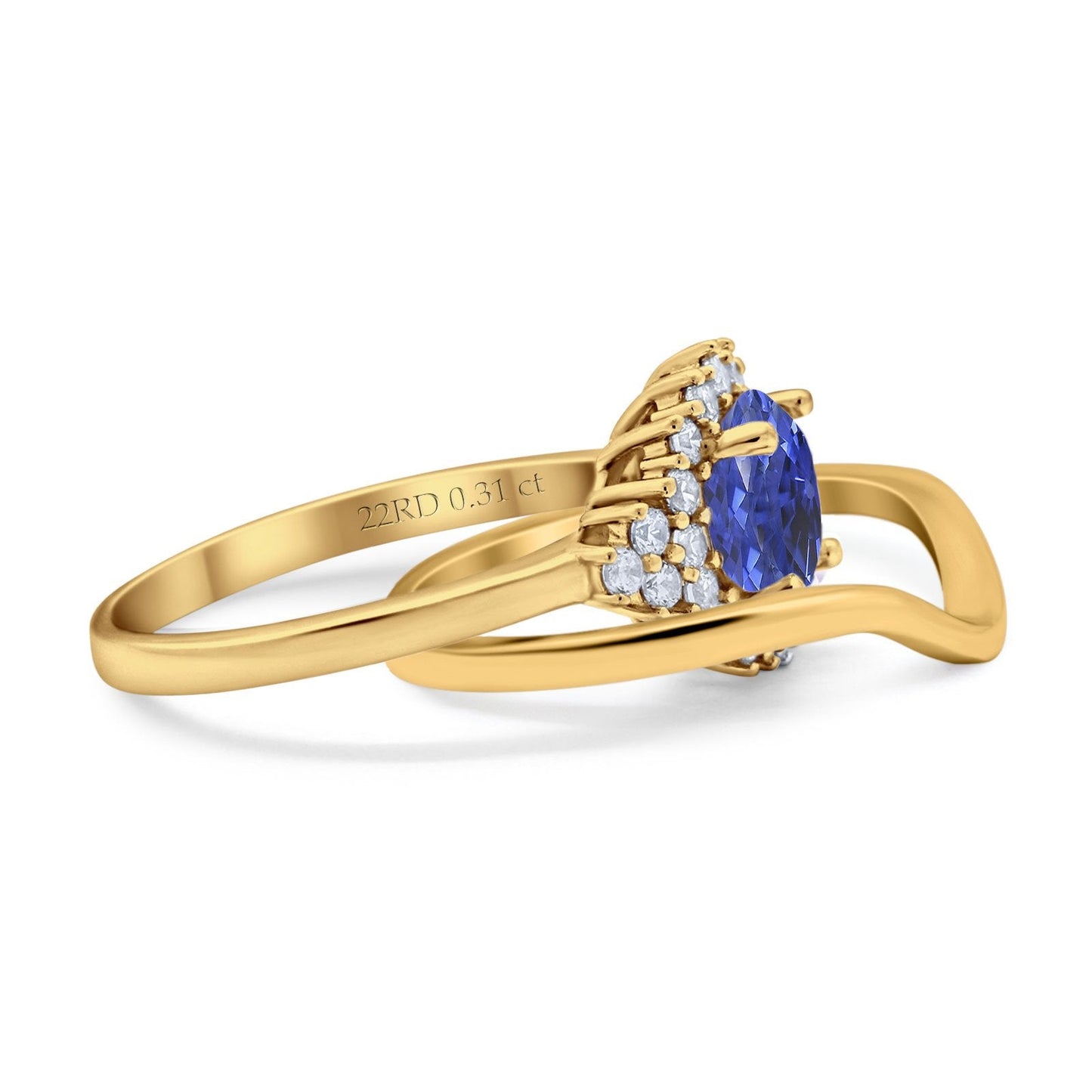 14K Yellow Gold 1.59ct Round Two Piece Halo 7mm G SI Nano Blue Sapphire Diamond Engagement Wedding Ring Size 6.5