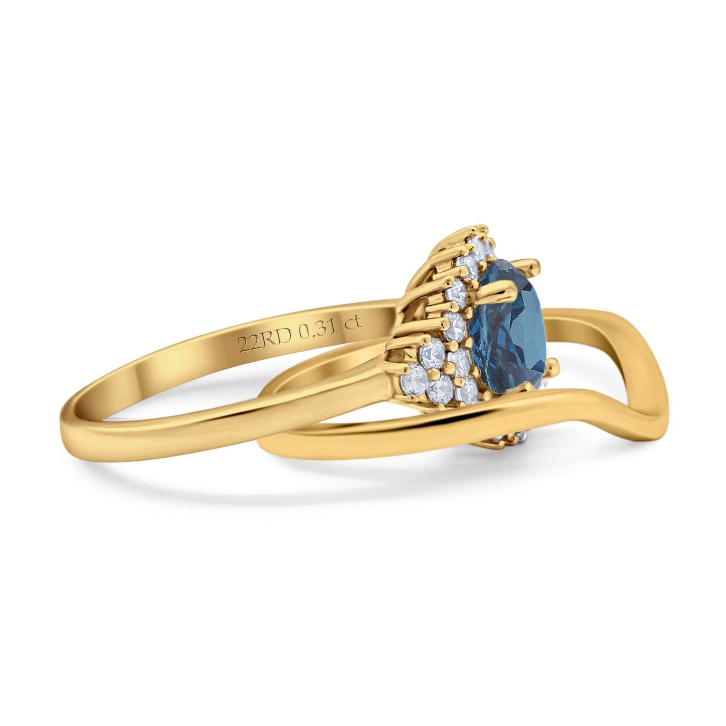 14K Yellow Gold 1.59ct Round Two Piece Halo 7mm G SI London Blue Topaz Diamond Engagement Wedding Ring Size 6.5