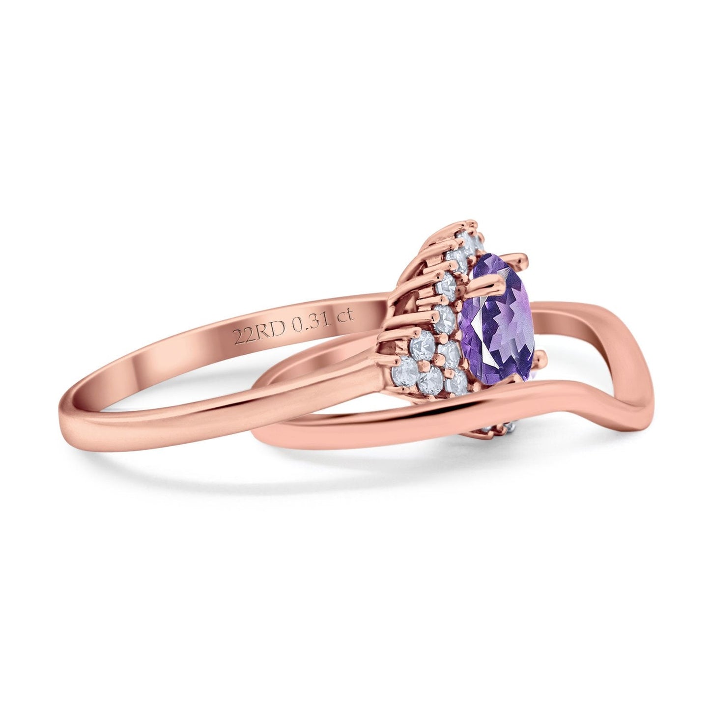 14K Rose Gold 1.59ct Round Two Piece Halo 7mm G SI Natural Amethyst Diamond Engagement Wedding Ring Size 6.5