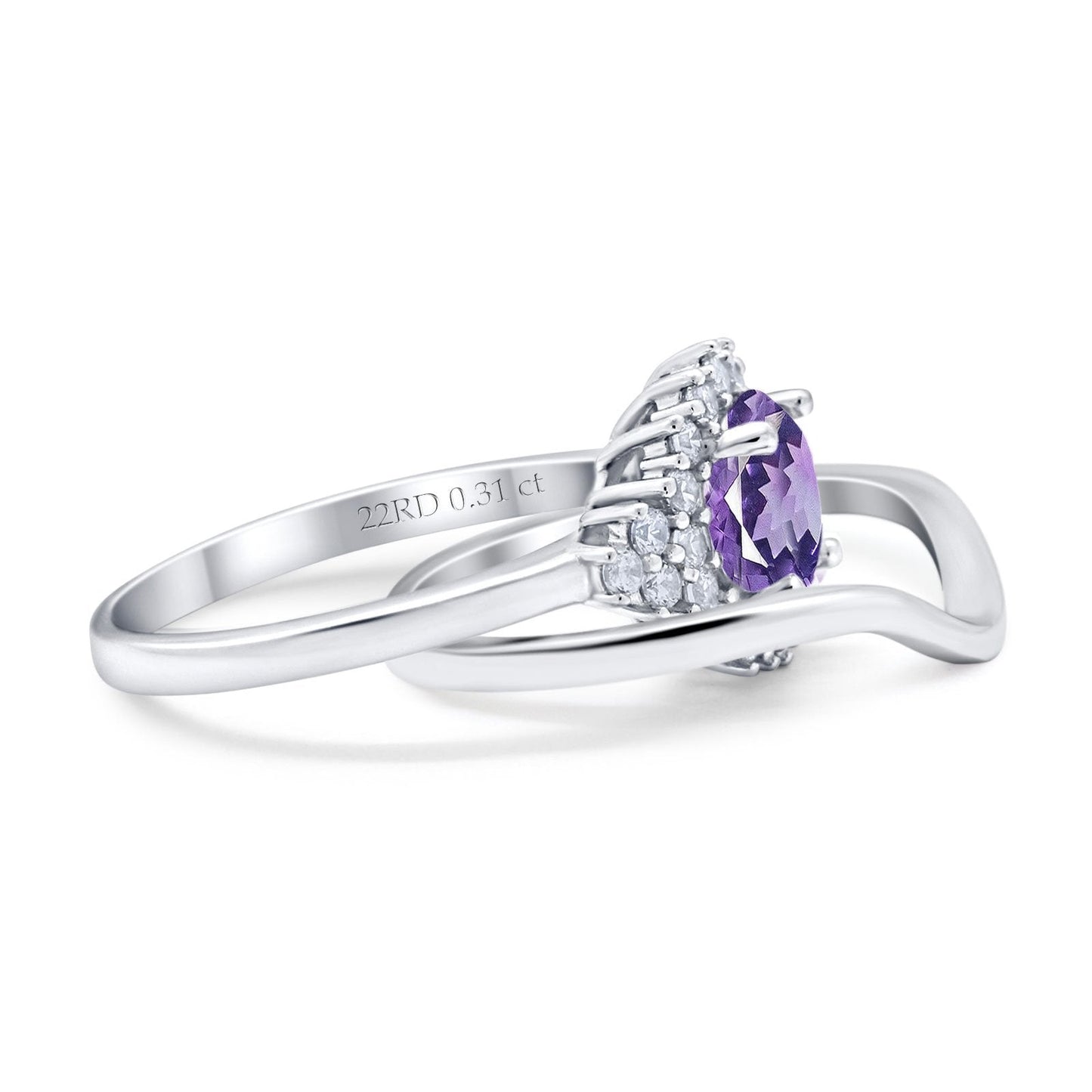 14K White Gold 1.59ct Round Two Piece Halo 7mm G SI Natural Amethyst Diamond Engagement Wedding Ring Size 6.5