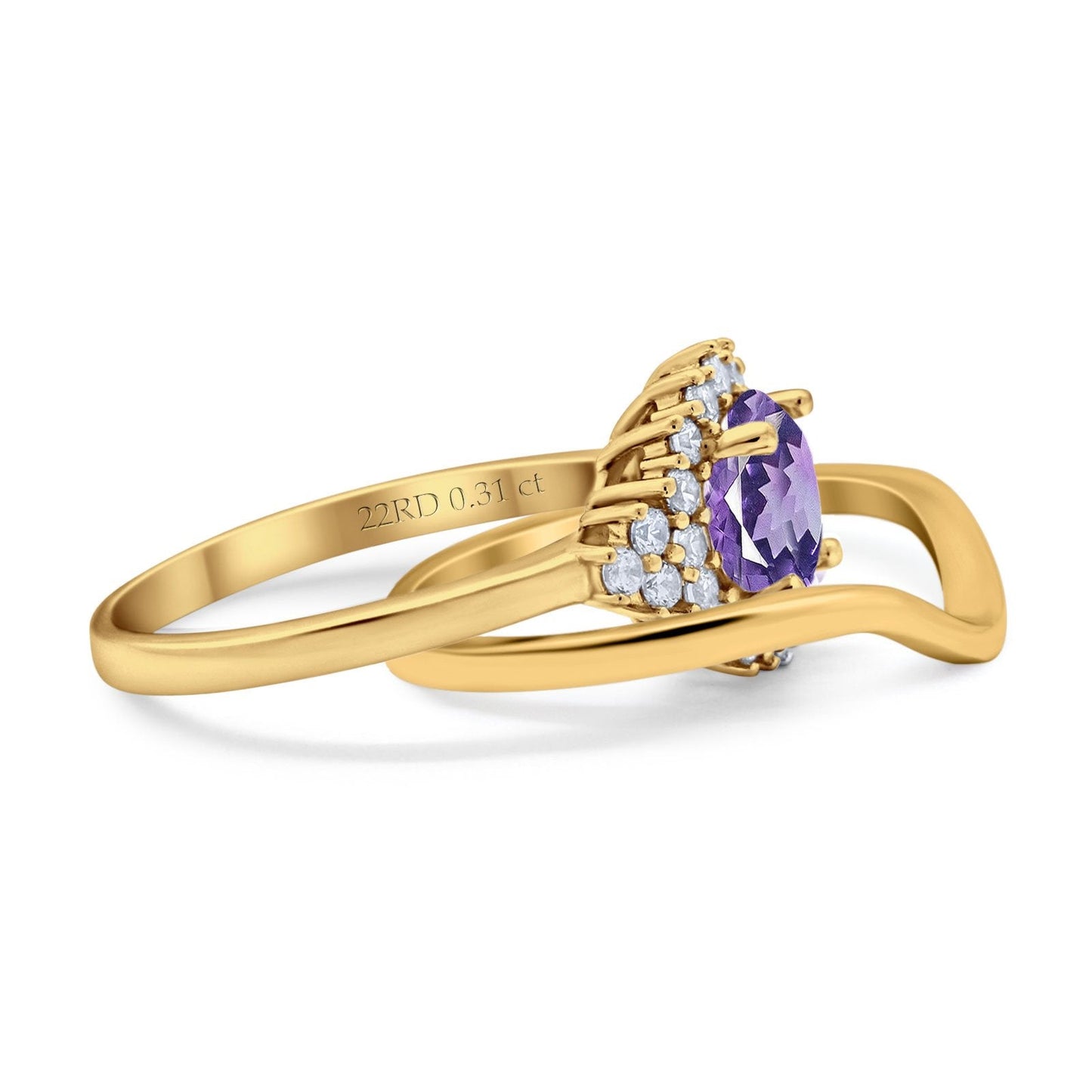 14K Yellow Gold 1.59ct Round Two Piece Halo 7mm G SI Natural Amethyst Diamond Engagement Wedding Ring Size 6.5