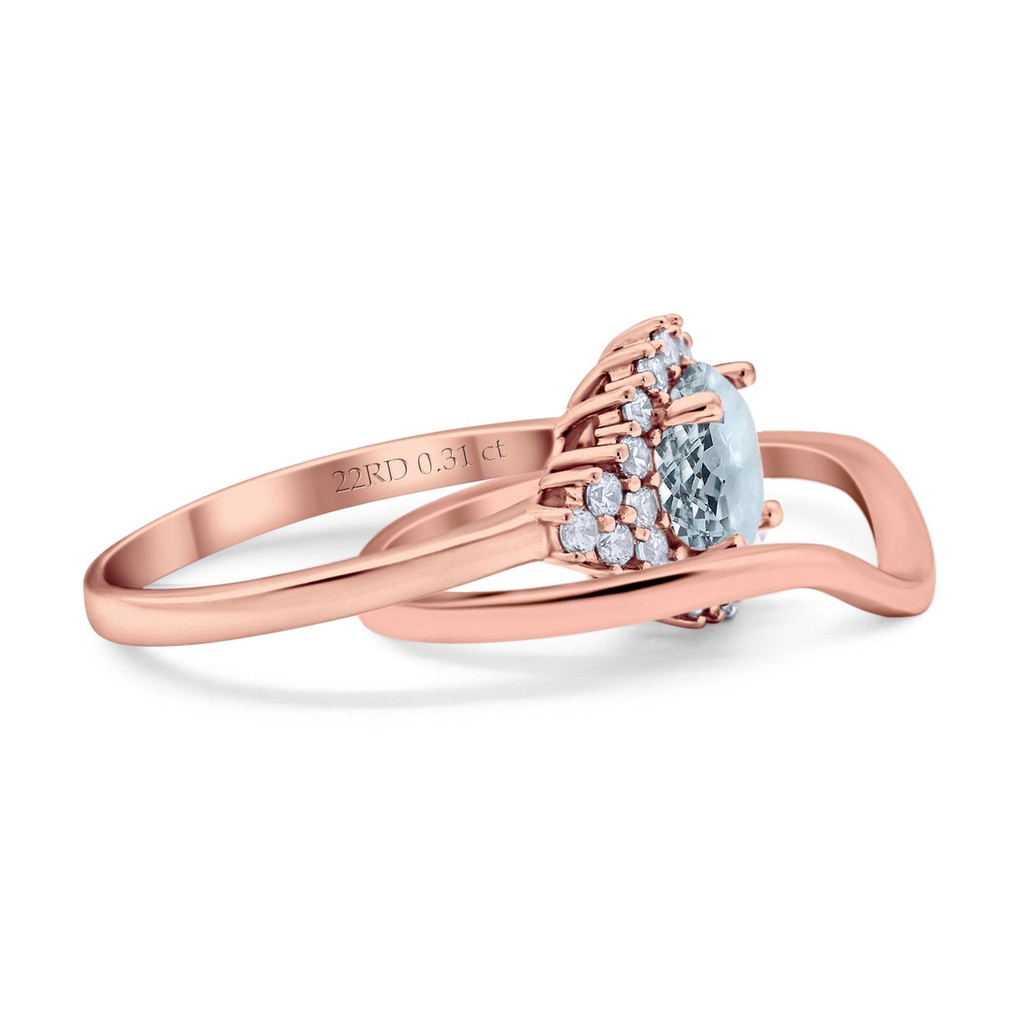 14K Rose Gold 1.59ct Round Two Piece Halo 7mm G SI Natural Aquamarine Diamond Engagement Wedding Ring Size 6.5