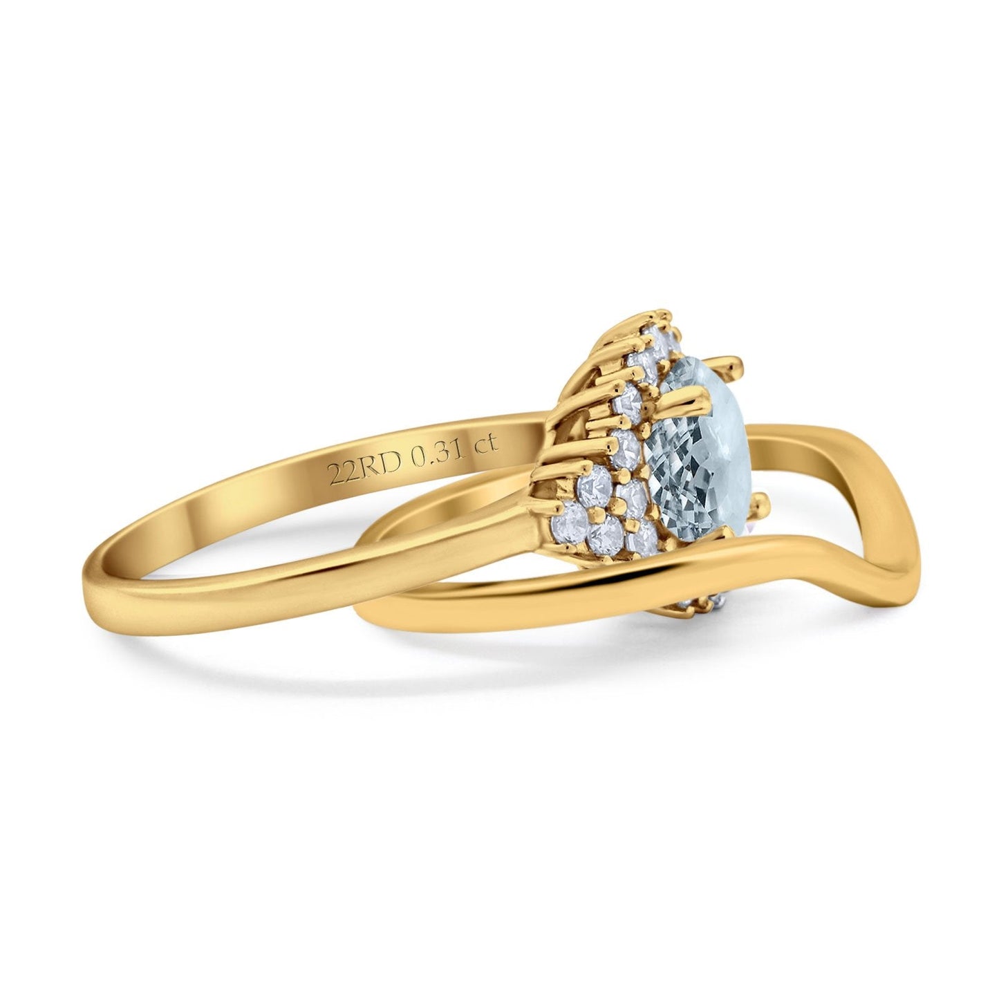 14K Yellow Gold 1.59ct Round Two Piece Halo 7mm G SI Natural Aquamarine Diamond Engagement Wedding Ring Size 6.5