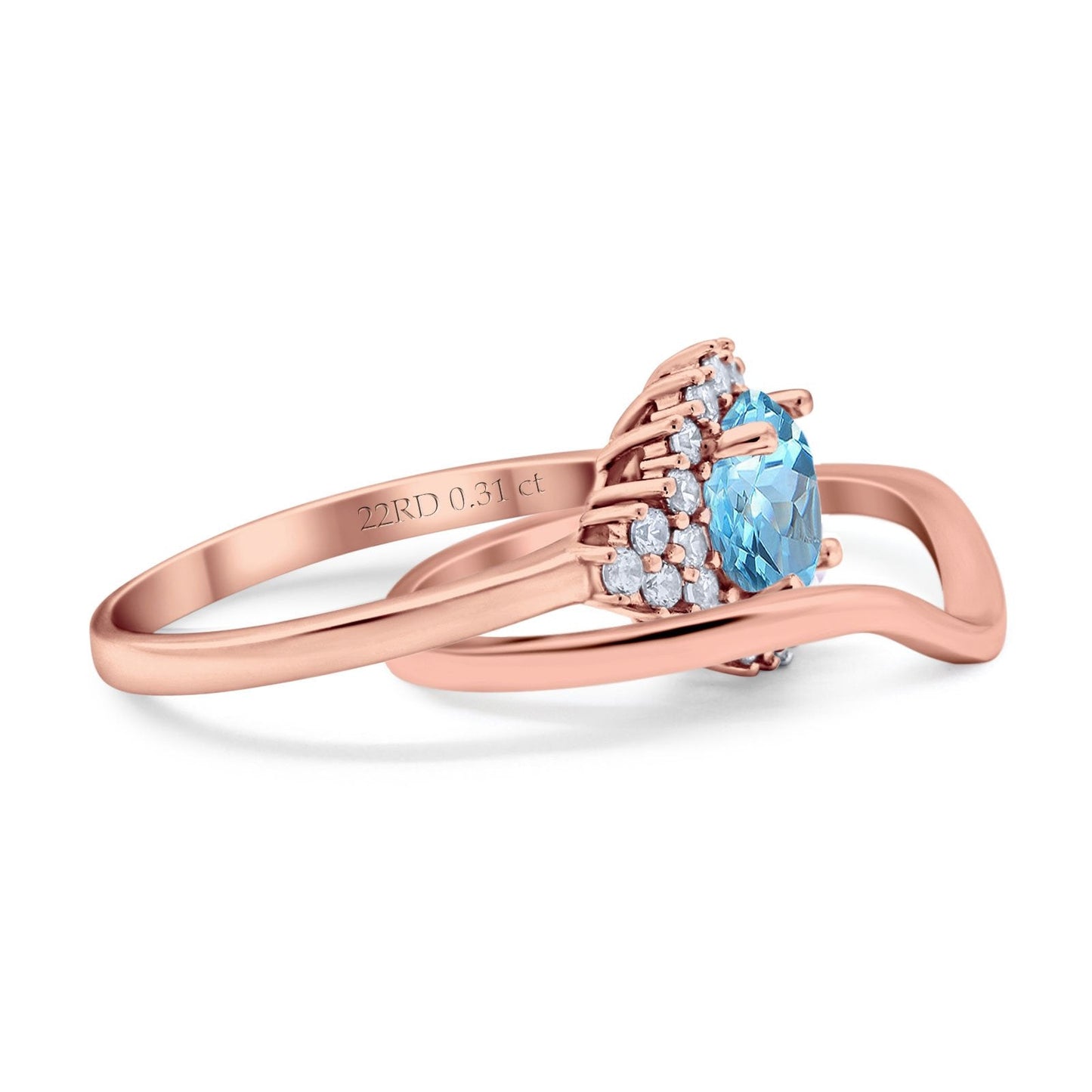 14K Rose Gold 1.59ct Round Two Piece Halo 7mm G SI Natural Blue Topaz Diamond Engagement Wedding Ring Size 6.5