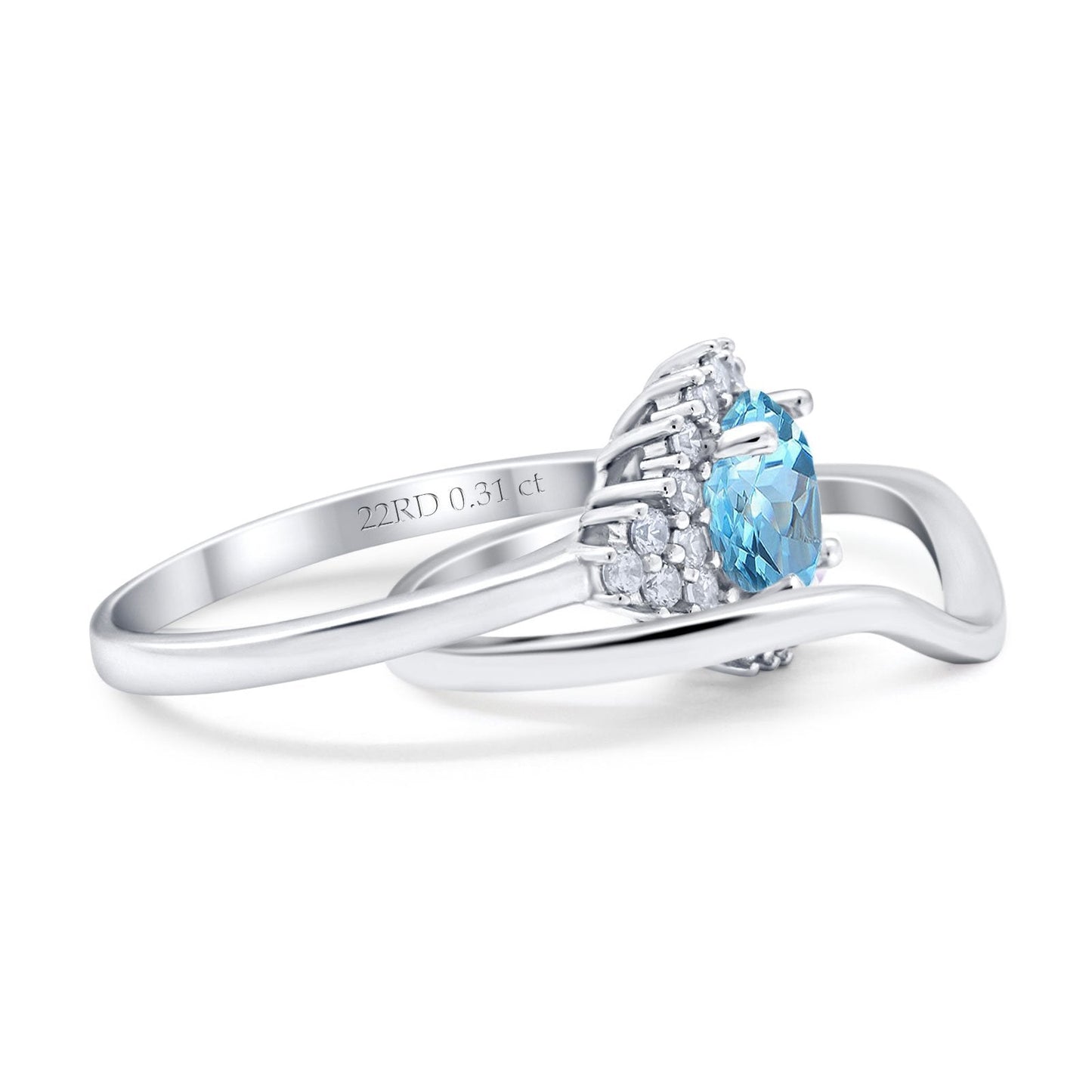 14K White Gold 1.59ct Round Two Piece Halo 7mm G SI Natural Blue Topaz Diamond Engagement Wedding Ring Size 6.5