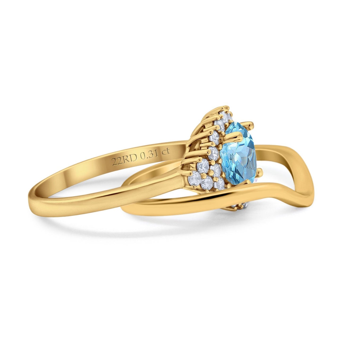 14K Yellow Gold 1.59ct Round Two Piece Halo 7mm G SI Natural Blue Topaz Diamond Engagement Wedding Ring Size 6.5