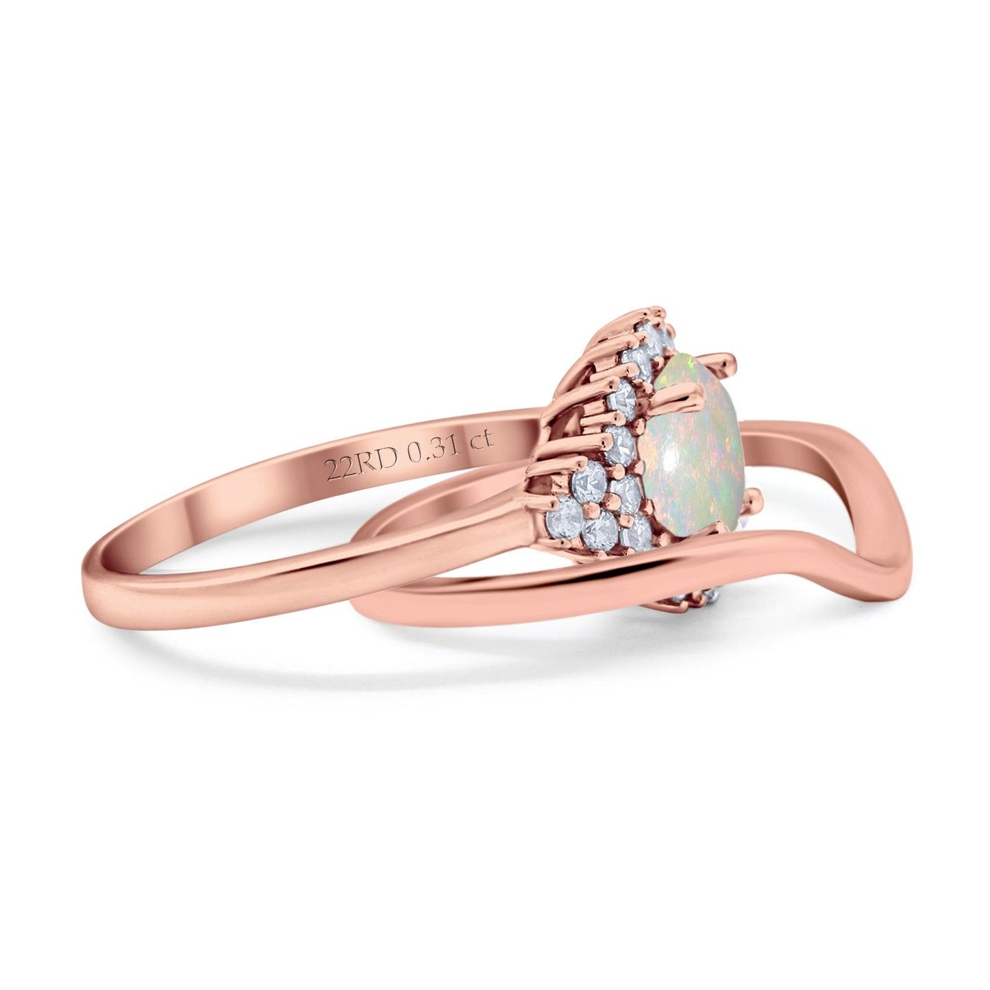 14K Rose Gold 0.31ct Round Two Piece Halo 7mm G SI Natural White Opal Diamond Engagement Wedding Ring Size 6.5