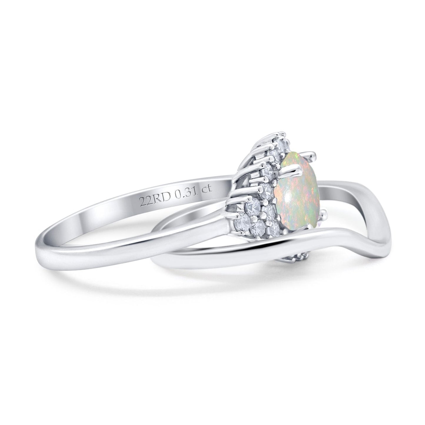 14K White Gold 0.31ct Round Two Piece Halo 7mm G SI Natural White Opal Diamond Engagement Wedding Ring Size 6.5