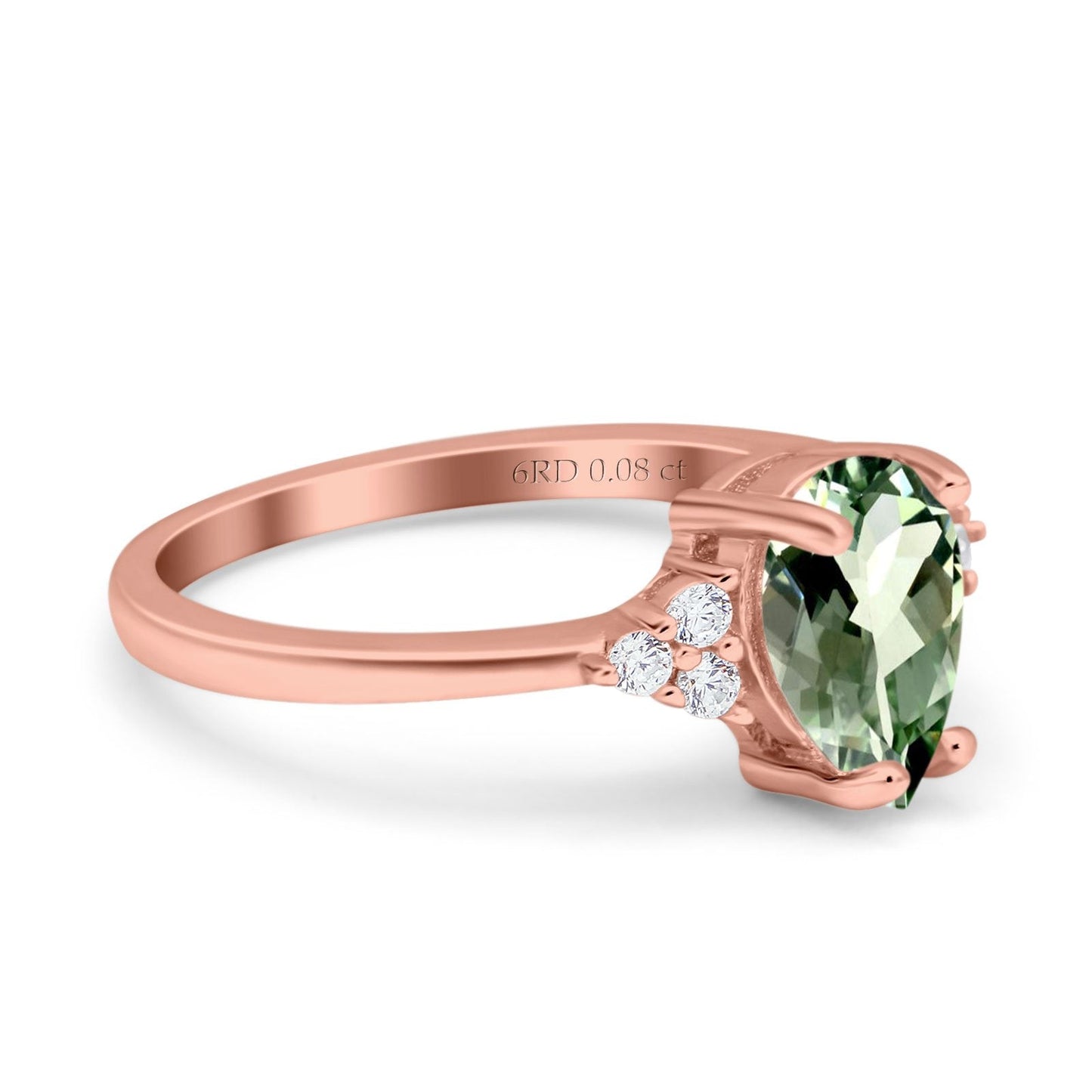 14K Rose Gold 1.33ct Teardrop Pear 8mmx6mm G SI Natural Green Amethyst Diamond Engagement Wedding Ring Size 6.5