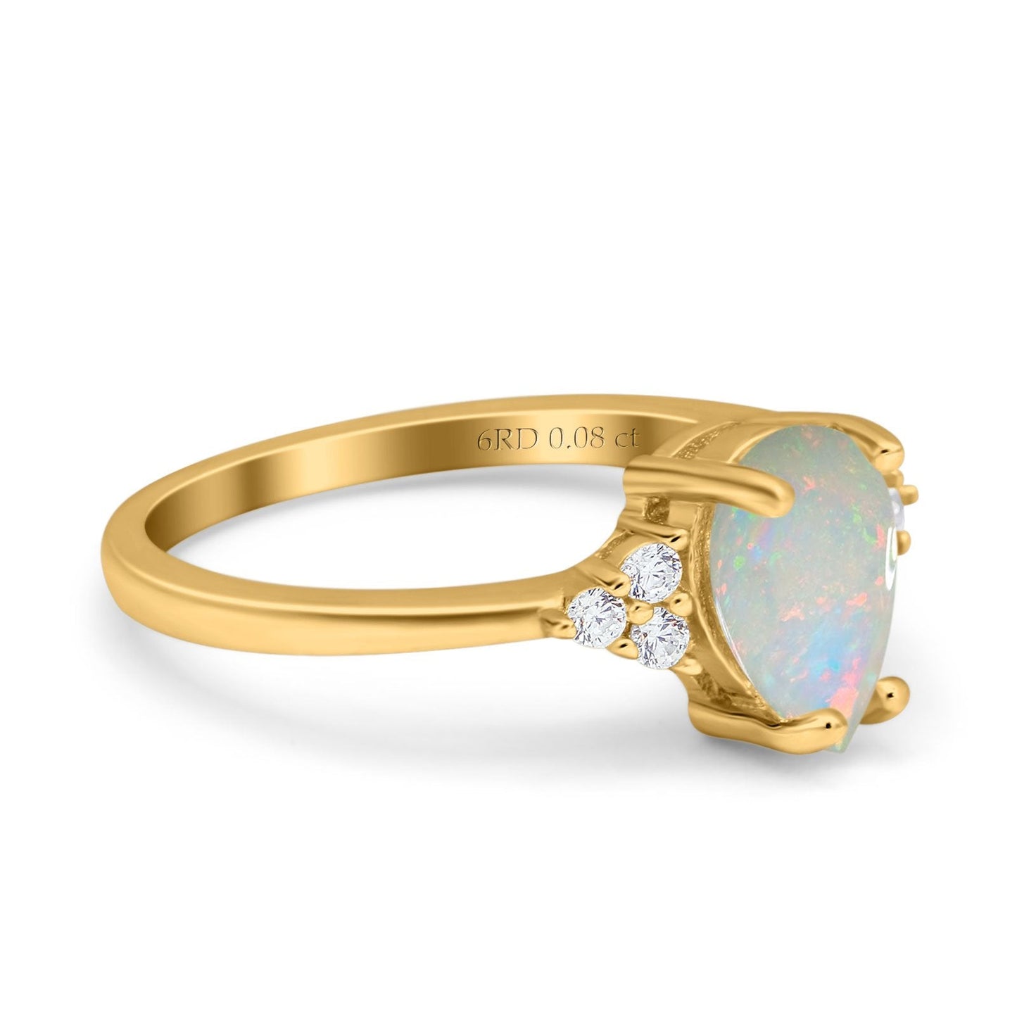 14K Yellow Gold 0.08ct Teardrop Pear 8mmx6mm G SI Natural White Opal Diamond Engagement Wedding Ring Size 6.5