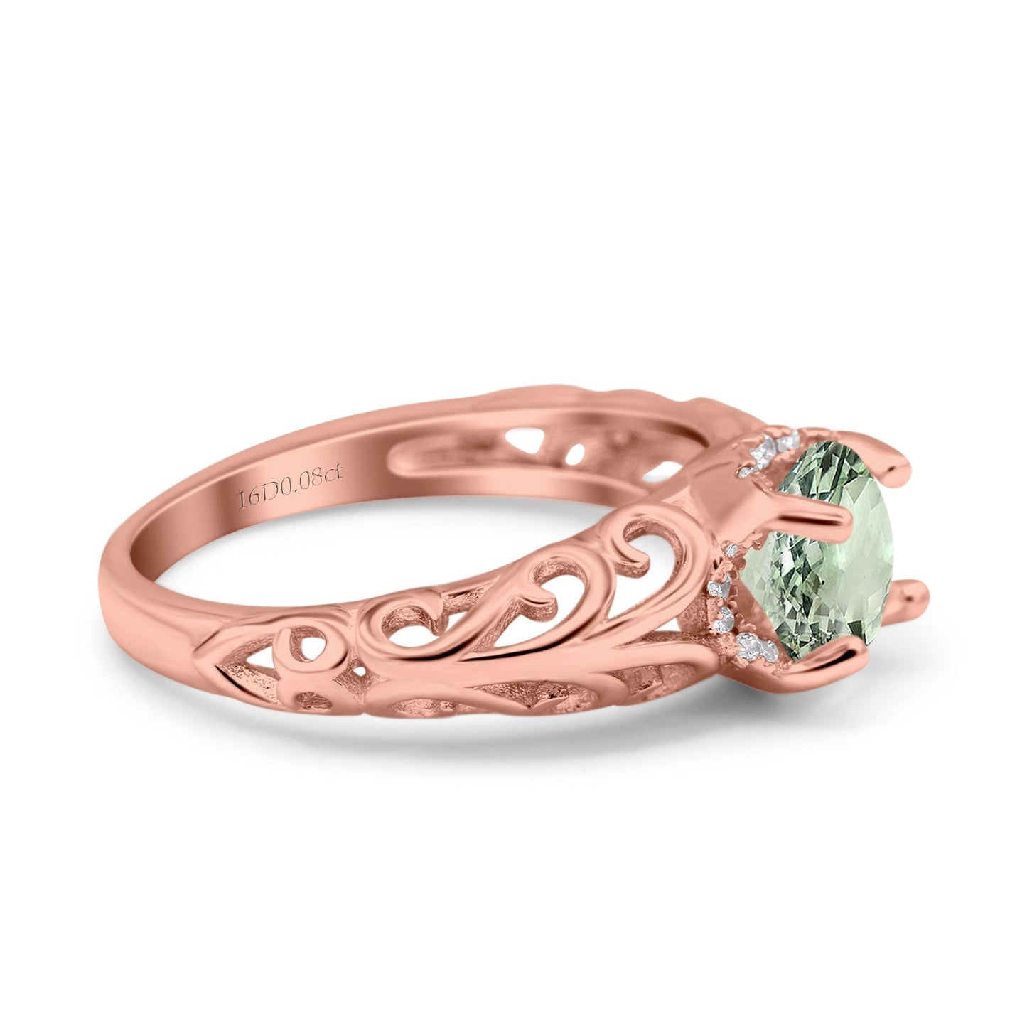 14K Rose Gold 1.11ct Round Art Deco Filigree 6.5mm G SI Natural Green Amethyst Diamond Engagement Wedding Ring Size 6.5