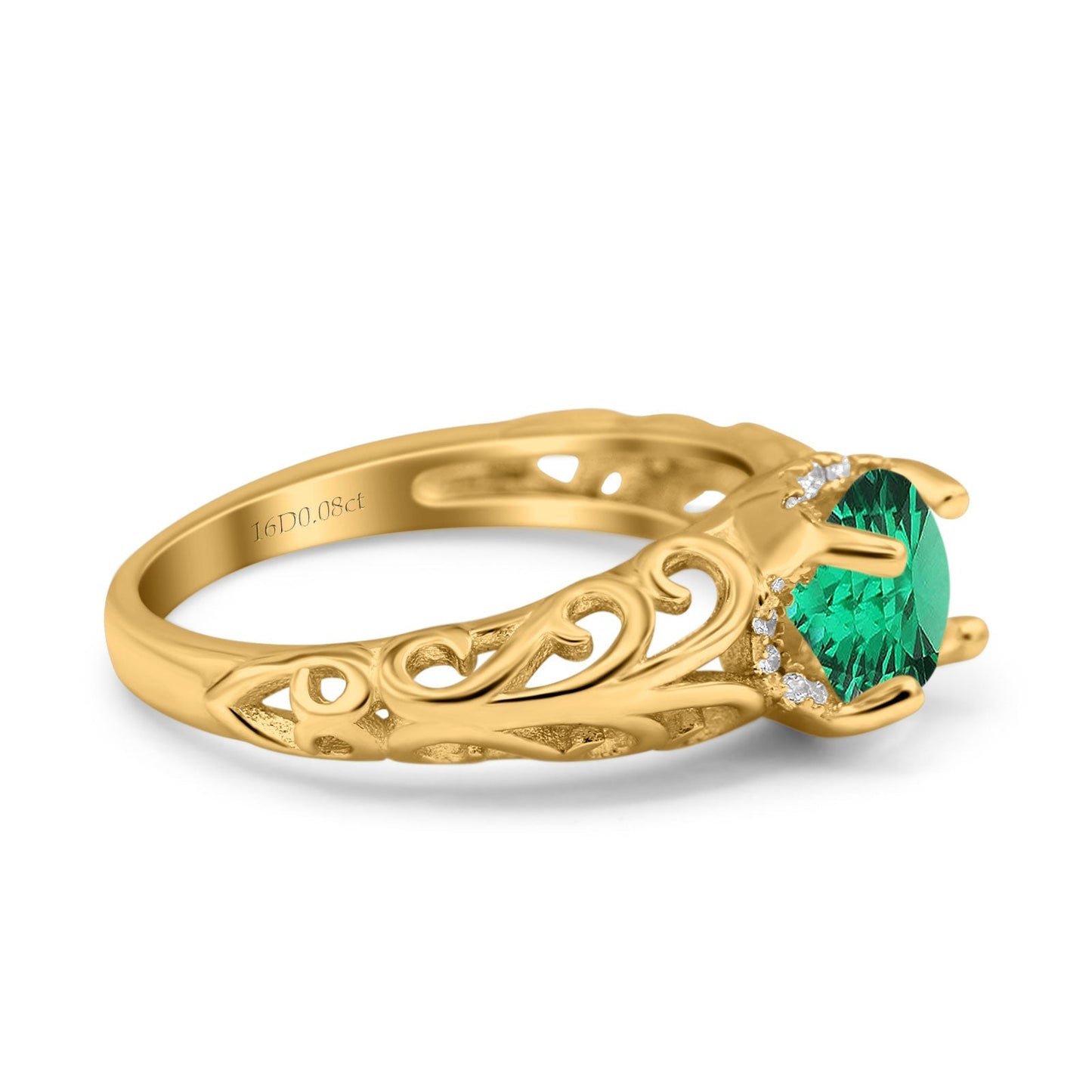 14K Yellow Gold 1.11ct Round Art Deco Filigree 6.5mm G SI Nano Emerald Diamond Engagement Wedding Ring Size 6.5