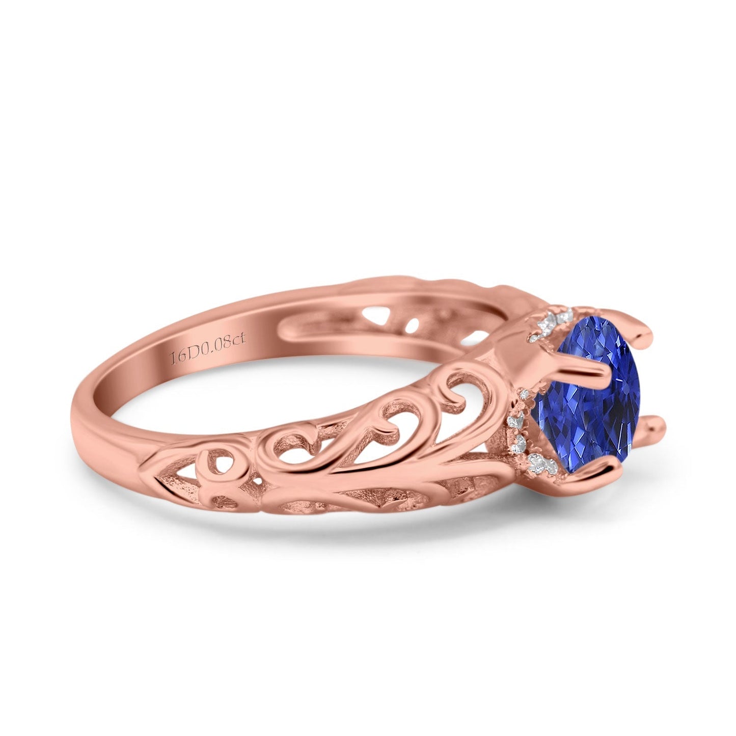 14K Rose Gold 1.11ct Round Art Deco Filigree 6.5mm G SI Nano Blue Sapphire Diamond Engagement Wedding Ring Size 6.5